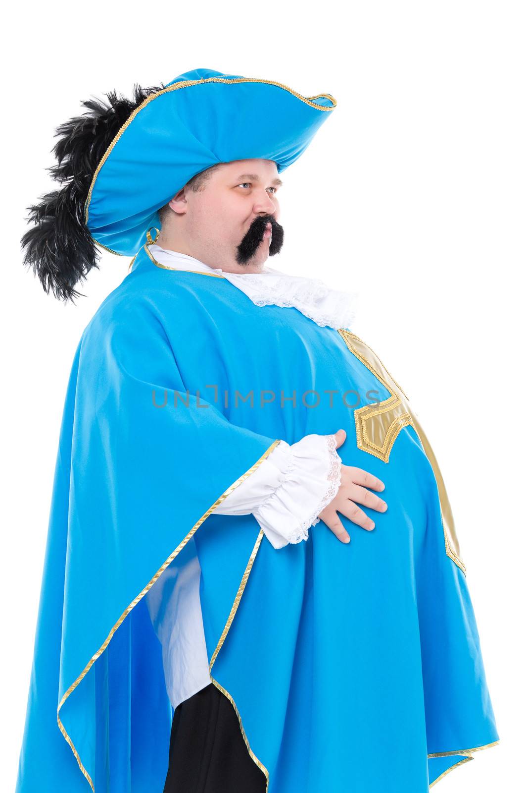 Cavalier gentleman in feathered cap and turquoise blue uniform of the cross, with over a rotund fat belly, isolated on white