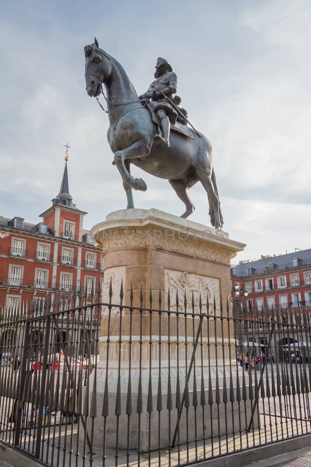 Bronze statue of King Philips III at Plaza Mayor, in Madrid, Spain