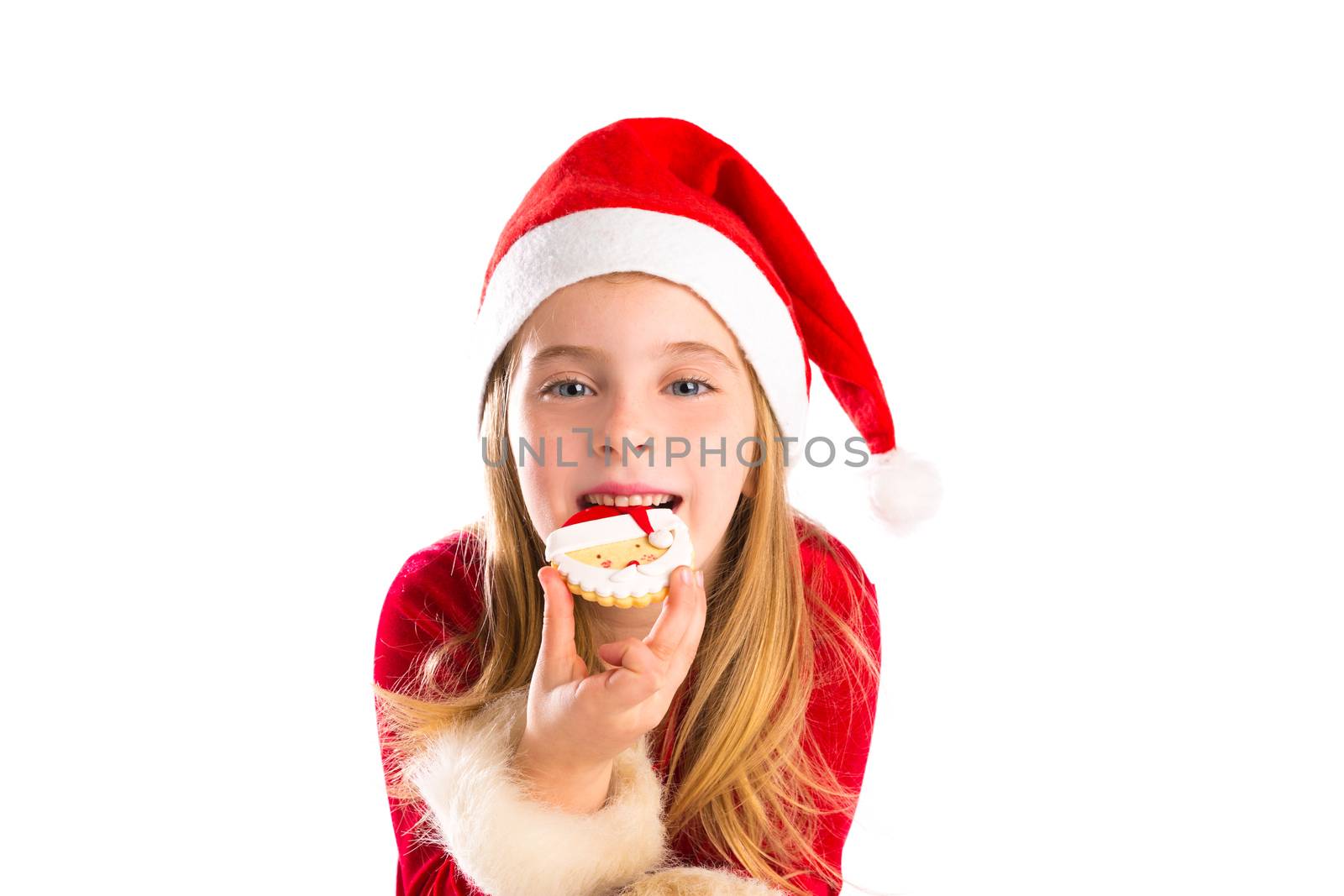 Christmas Santa eating cookie and Xmas blond kid girl isolated on white background