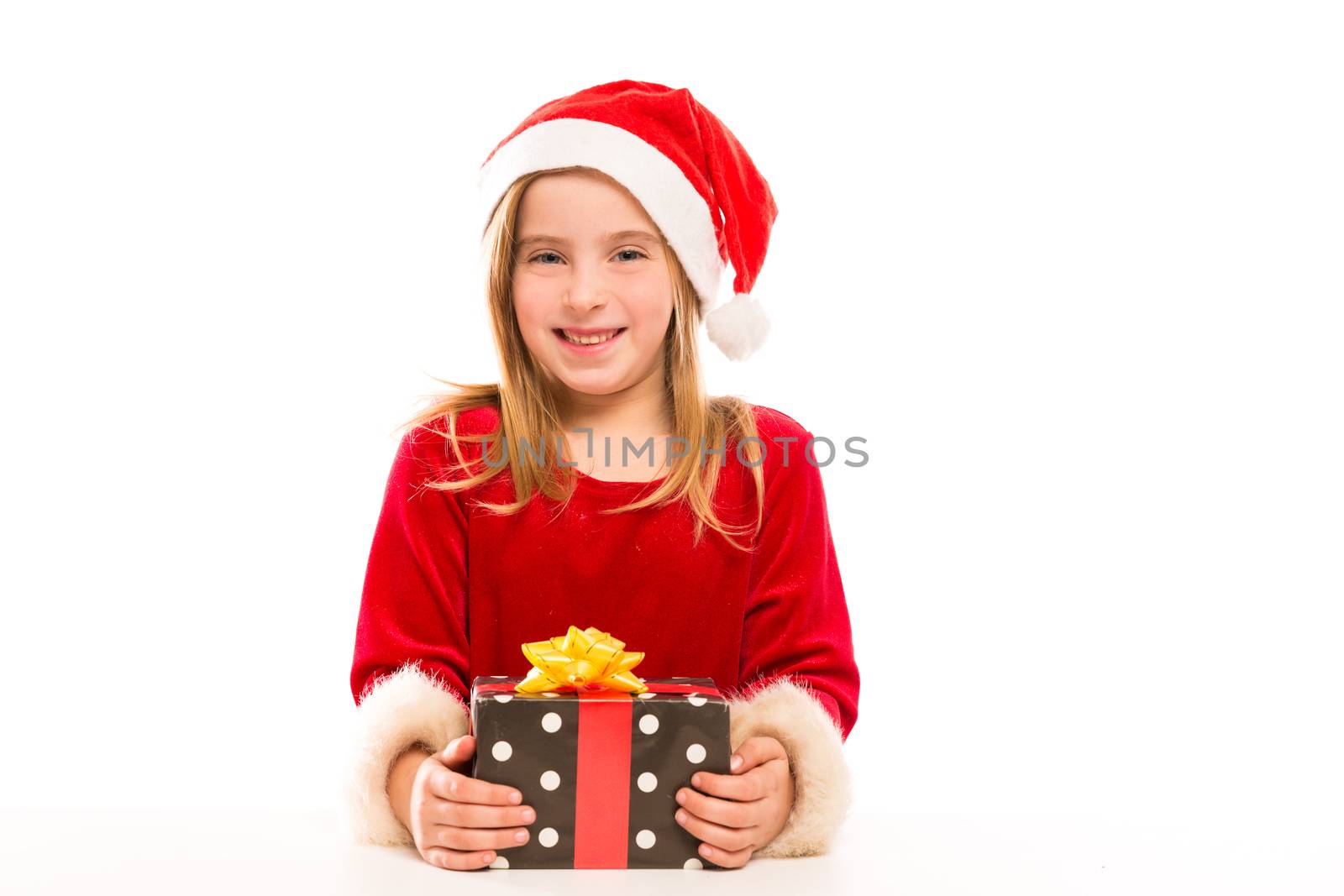 Christmas Santa kid girl happy excited with ribbon gift by lunamarina