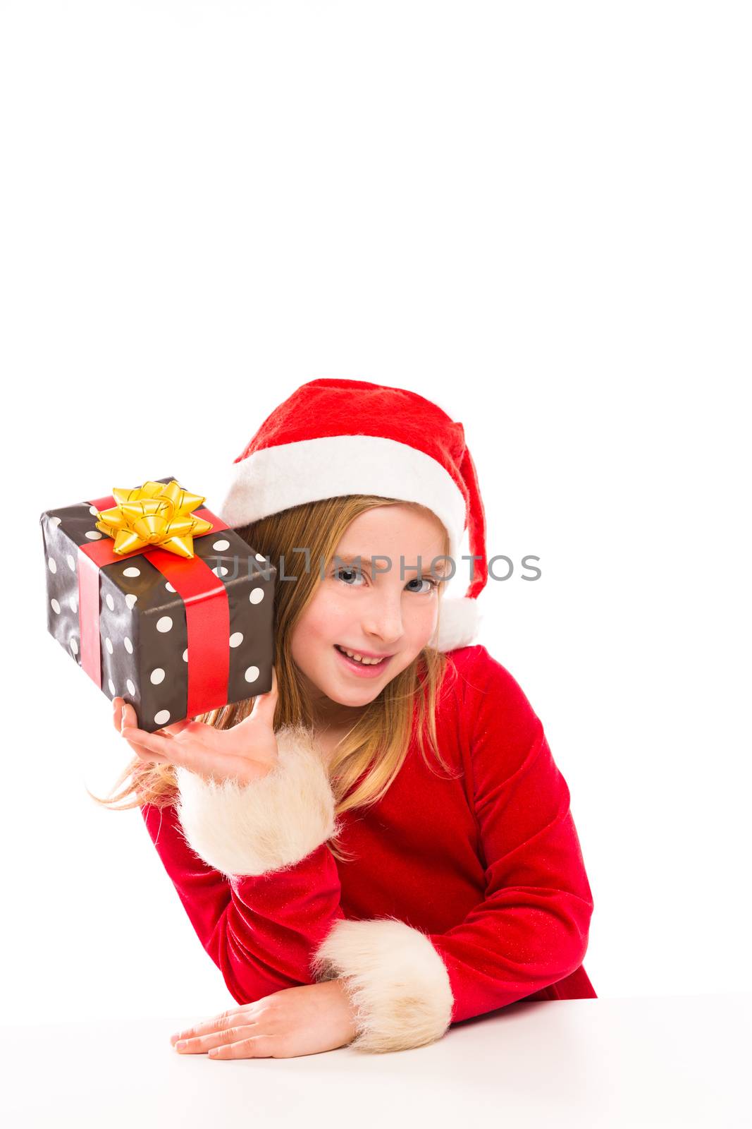 Christmas Santa blond kid girl happy excited with ribbon gift isolated on white background