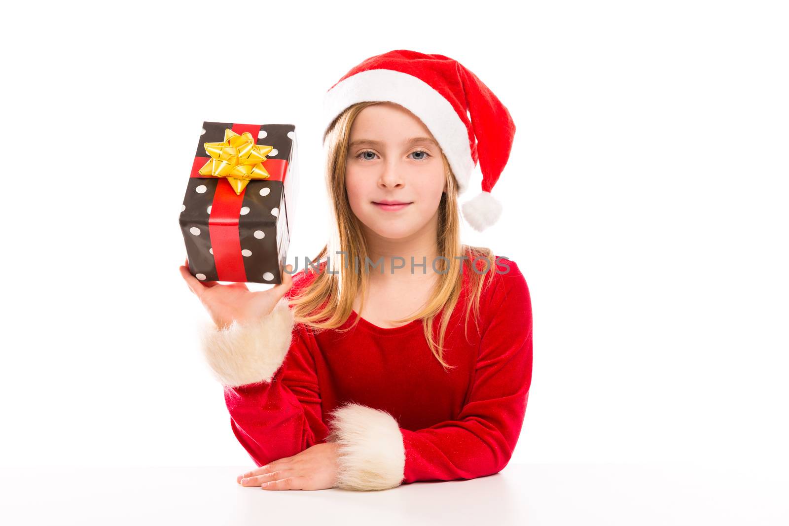 Christmas Santa blond kid girl happy excited with ribbon gift isolated on white background