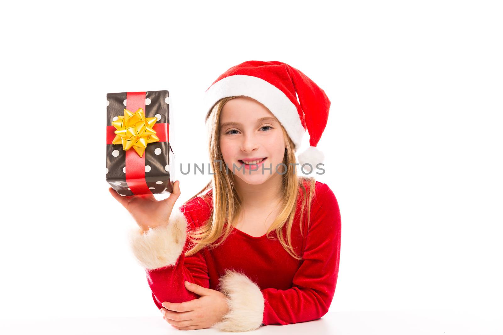 Christmas Santa blond kid girl happy excited with ribbon gift isolated on white background