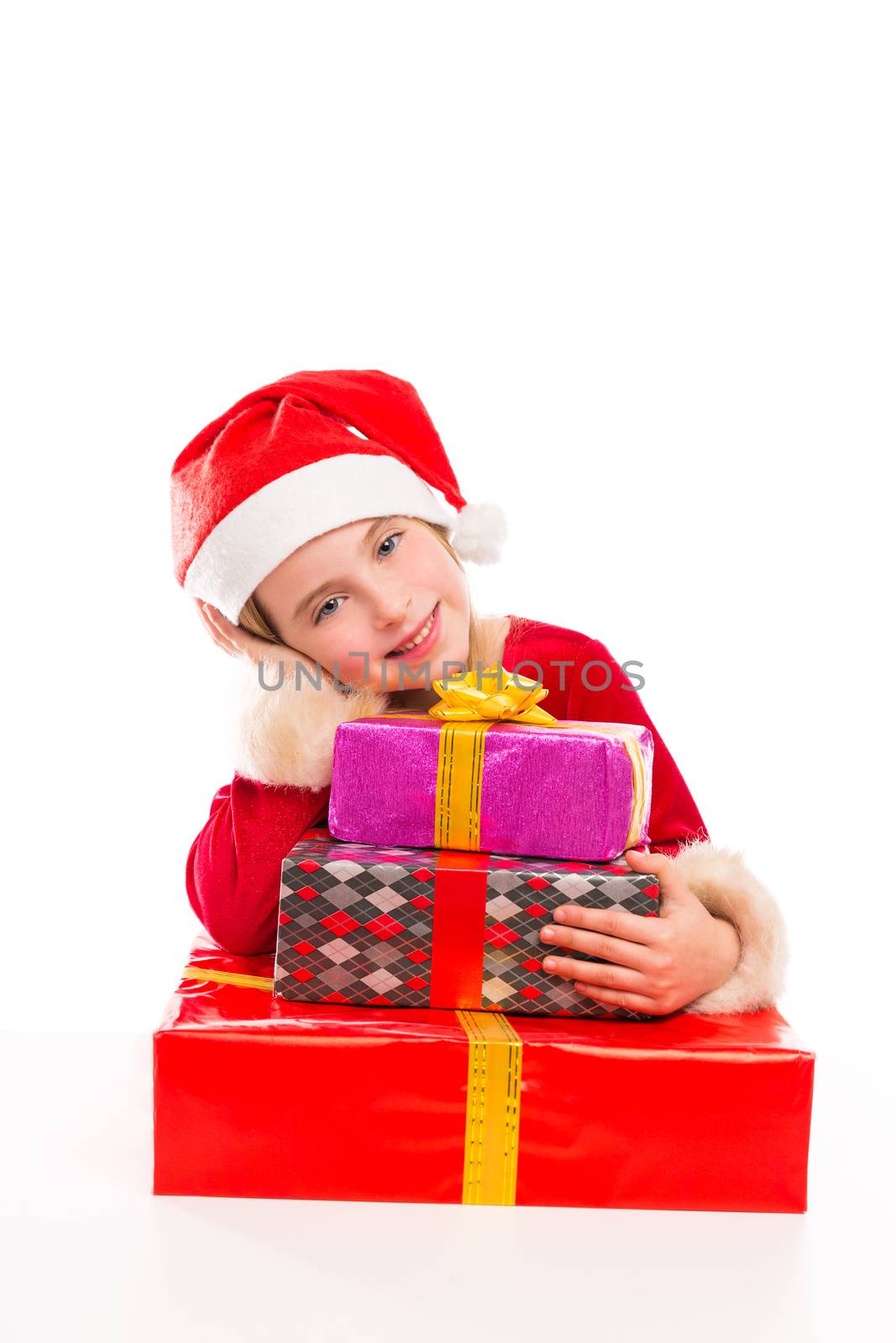 Christmas Santa kid girl happy excited with ribbon gifts isolated on white background