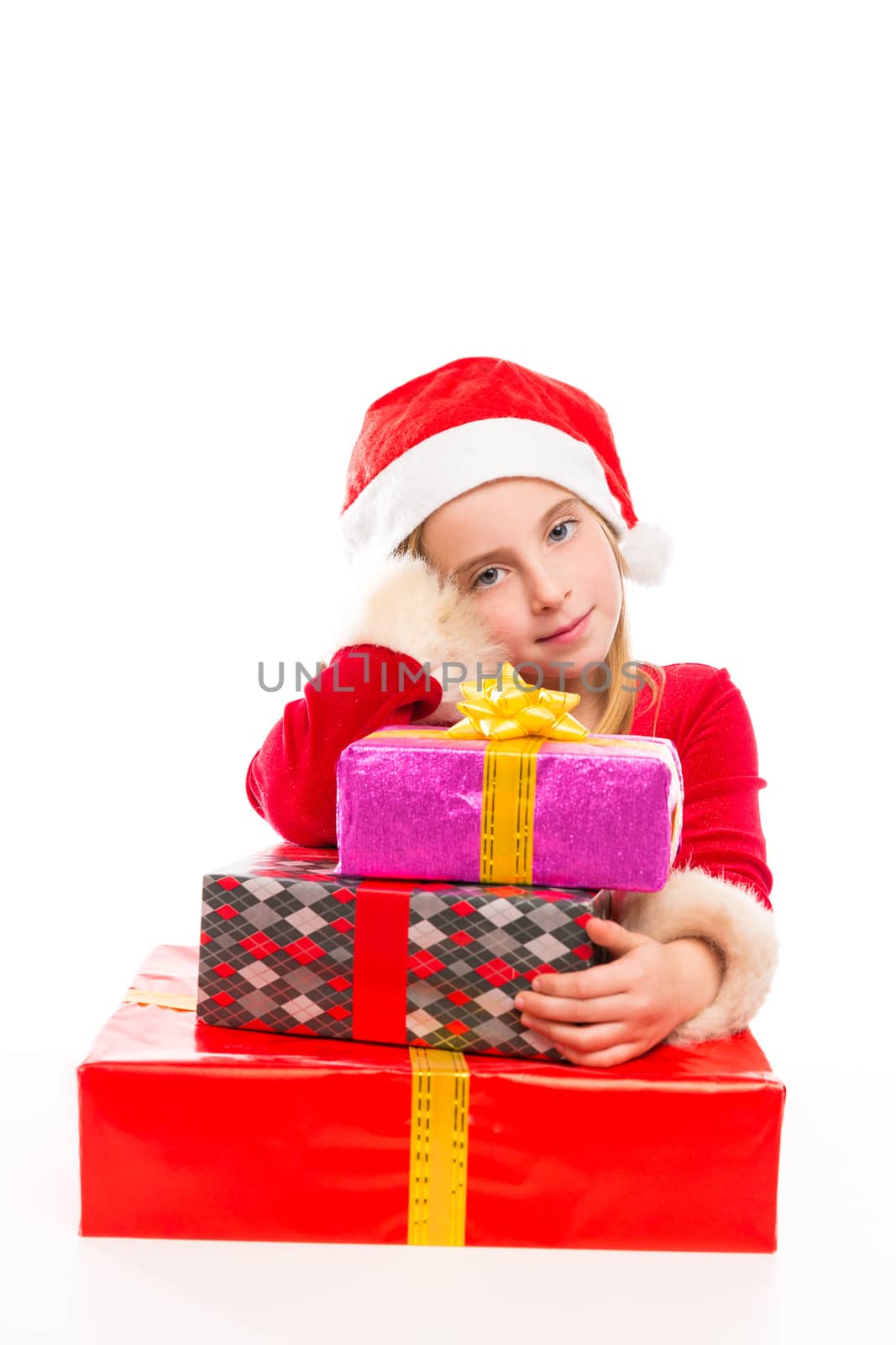 Christmas Santa kid girl happy excited with ribbon gifts isolated on white background