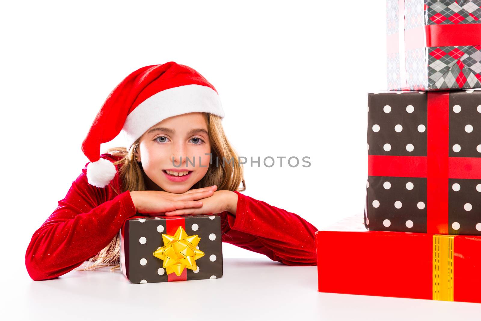 Christmas Santa kid girl happy excited with ribbon gifts isolated on white background