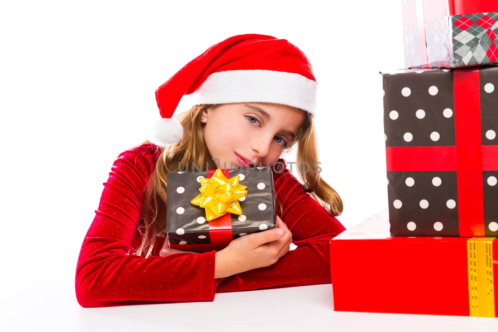 Christmas Santa kid girl happy excited with ribbon gifts isolated on white background