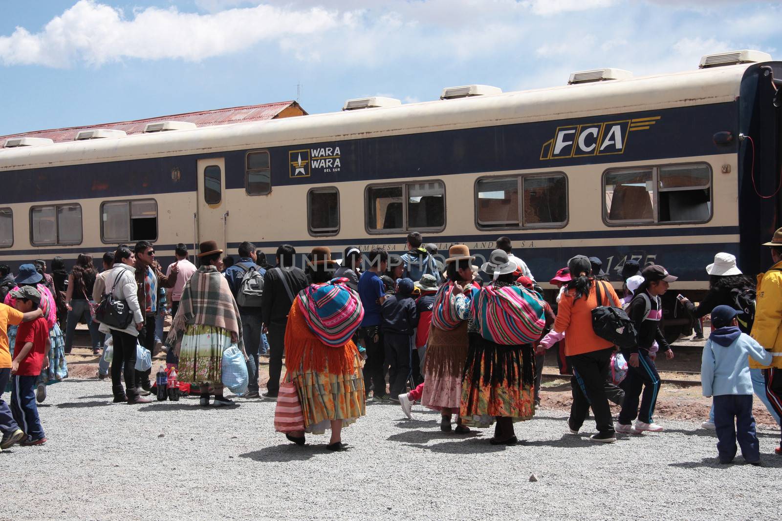 Crowd at the Tiwanaku Train station in Bolivia, South America