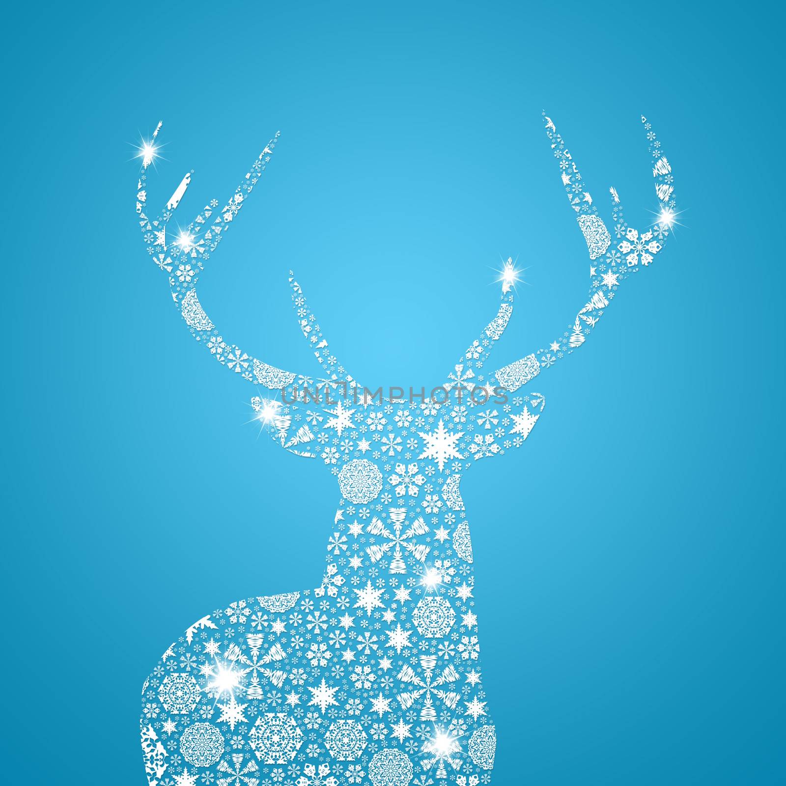 Silhouette deer. Christmas card. Silhouette filled with small snowflakes