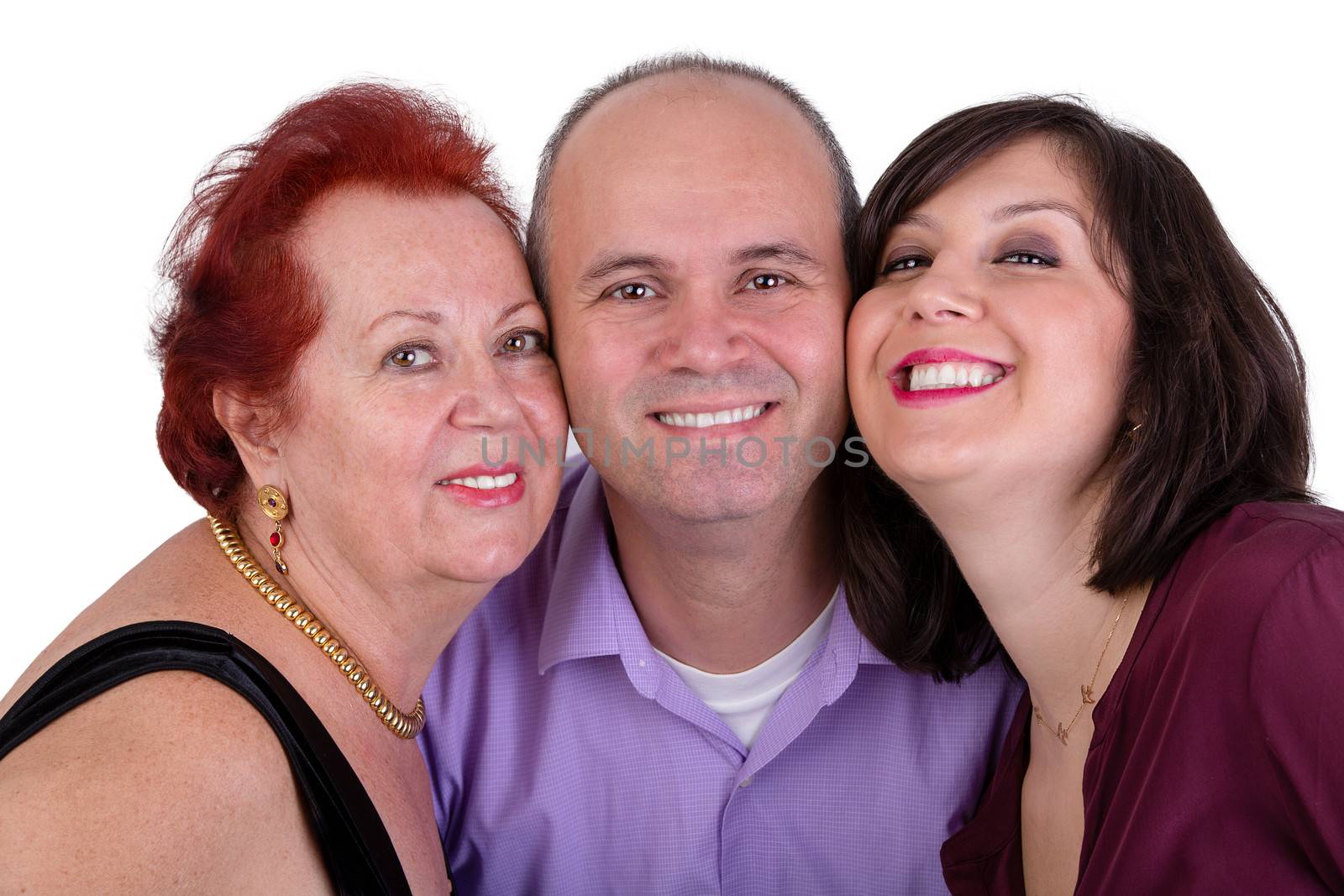 Happy man with his mother and sister together close portrait Perhaps it's his birthday