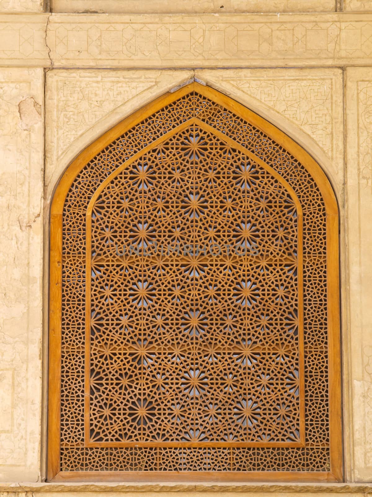 Islamic pattern woodern screen window in Chehel Sotoun (Sotoon) Palace built by Shah Abbas II, Isfahan, Iran