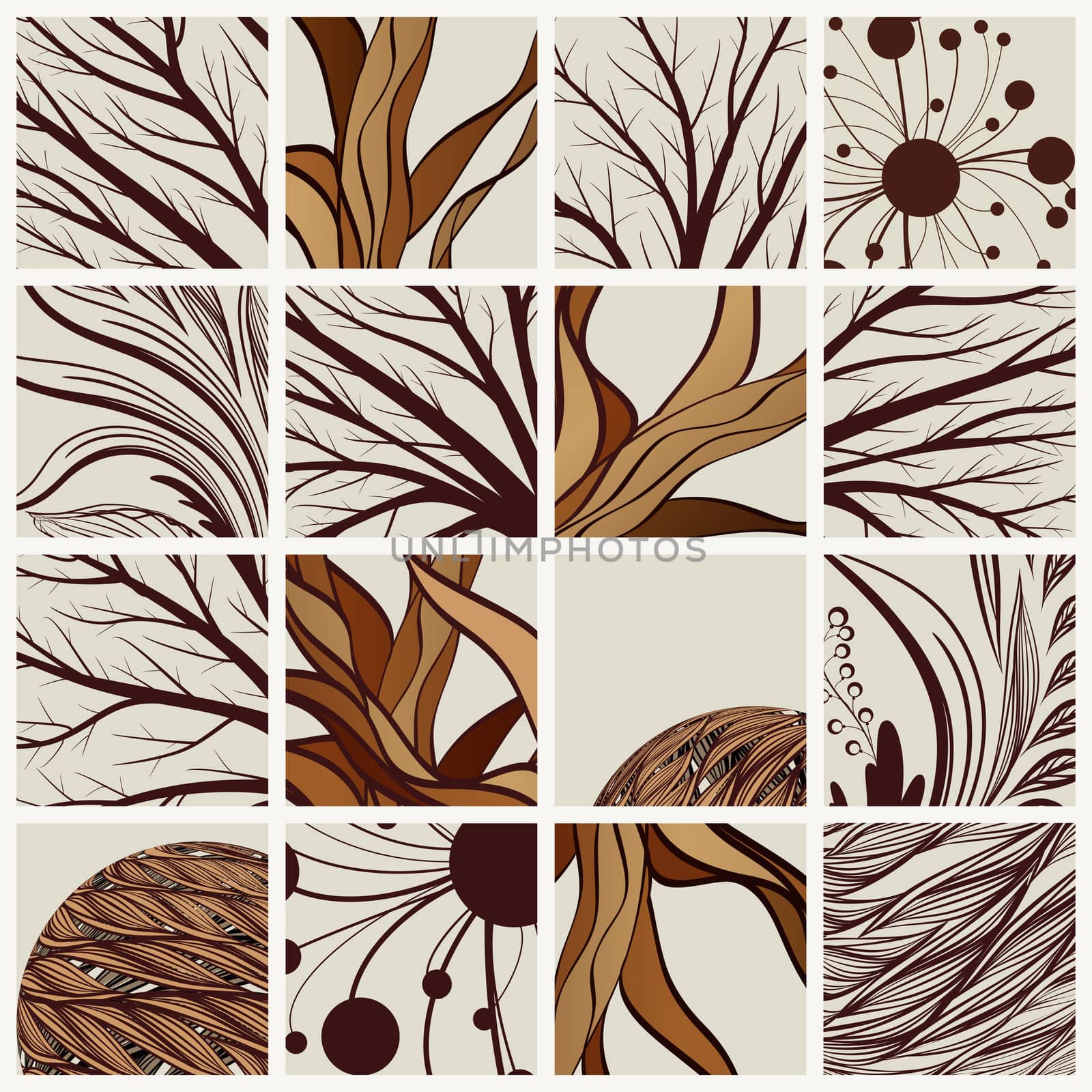 set of abstract backgrounds with tree branches and floral elements.