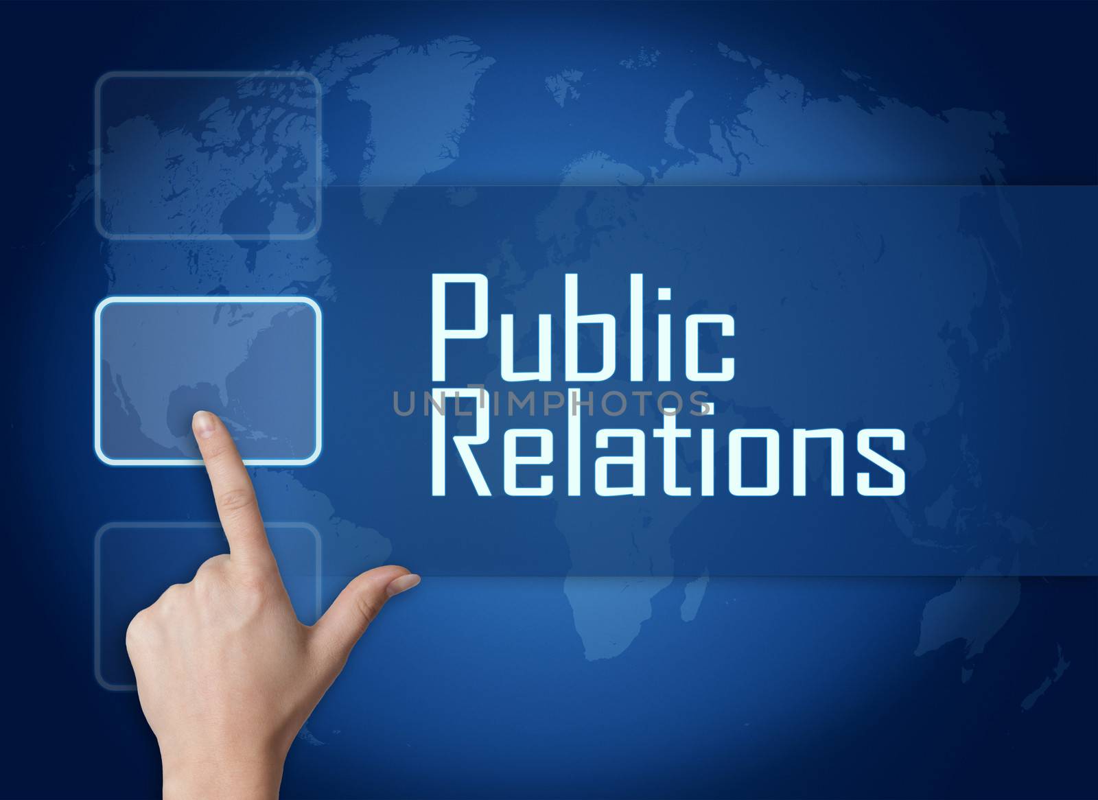 Public Relations concept with interface and world map on blue background