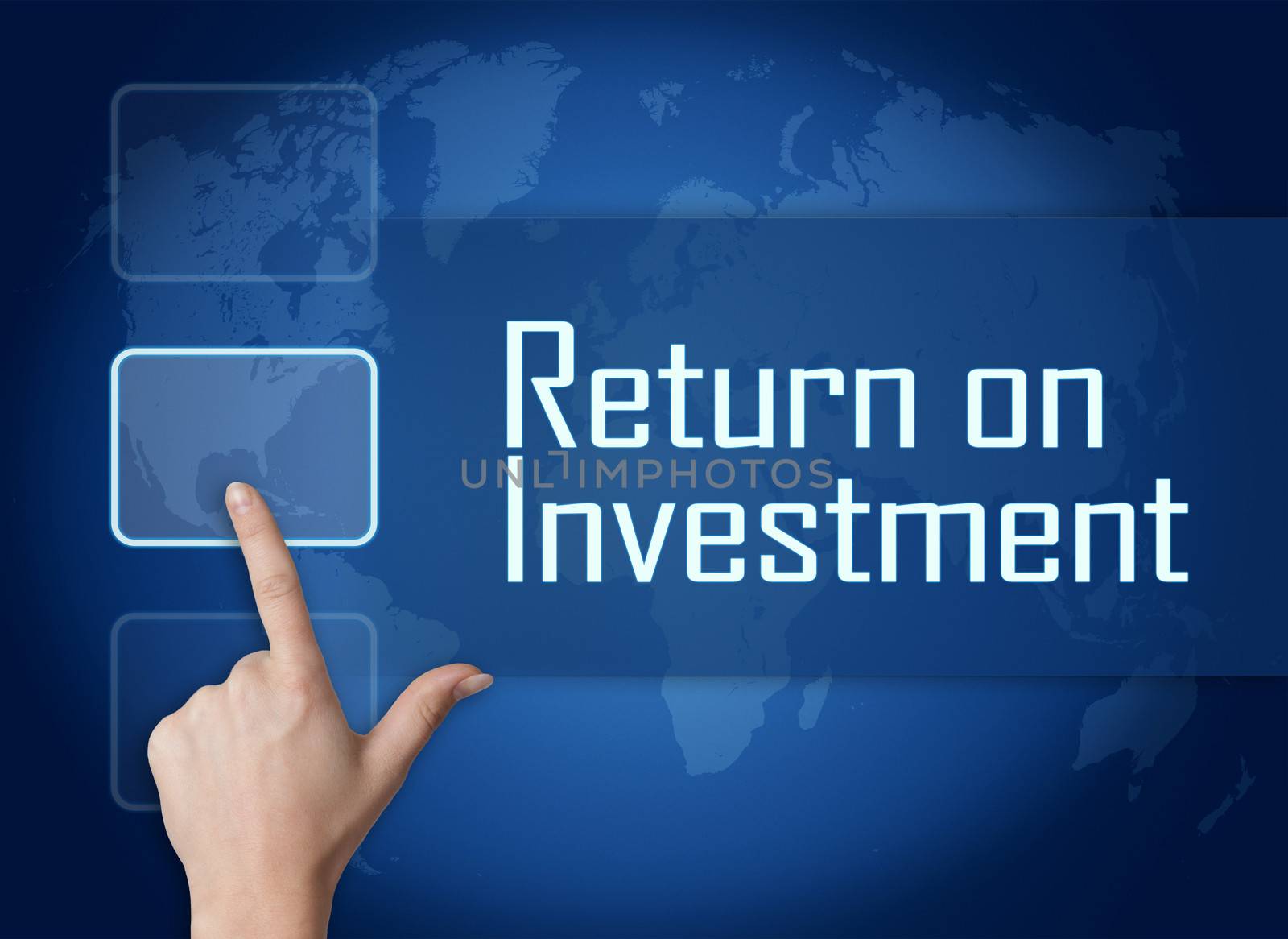 Return on Investment concept with interface and world map on blue background