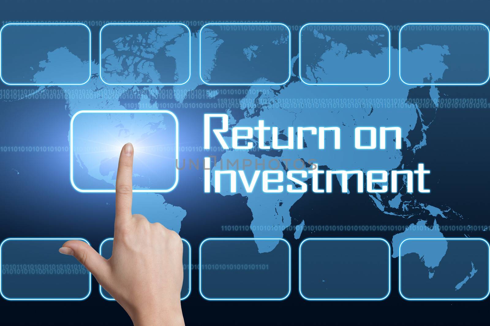 Return on Investment concept with interface and world map on blue background