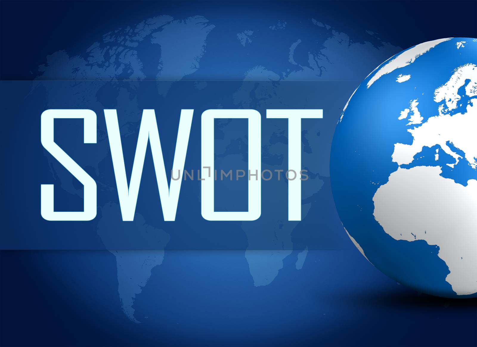 SWOT for strengths, weaknesses, opportunities and threats concept with globe on blue background