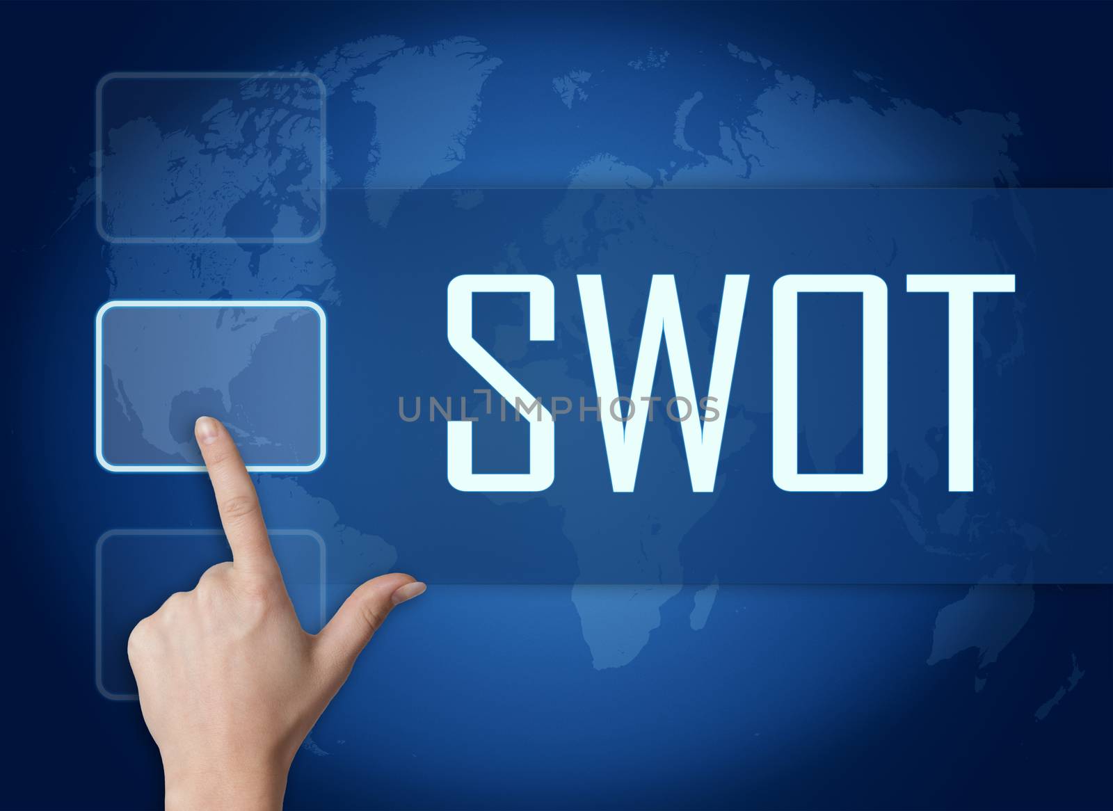 SWOT for strengths, weaknesses, opportunities and threats concept with interface and world map on blue background