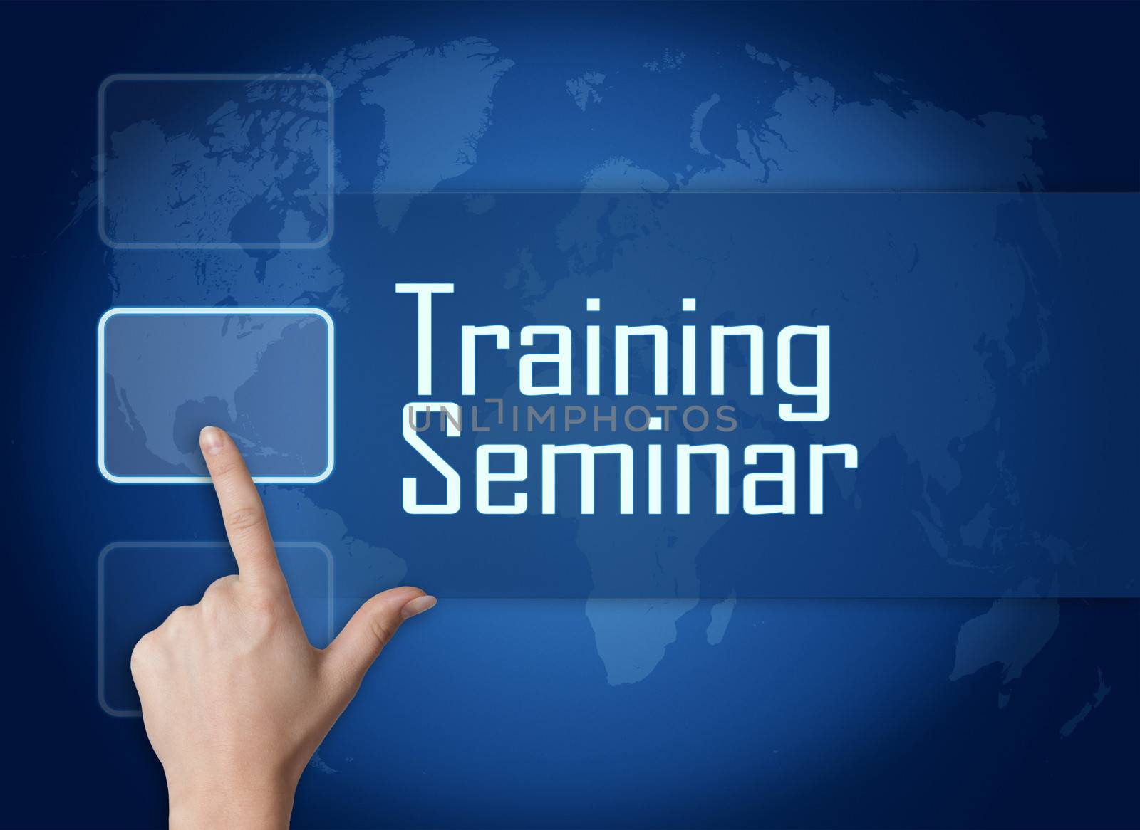 Training Seminar concept with interface and world map on blue background