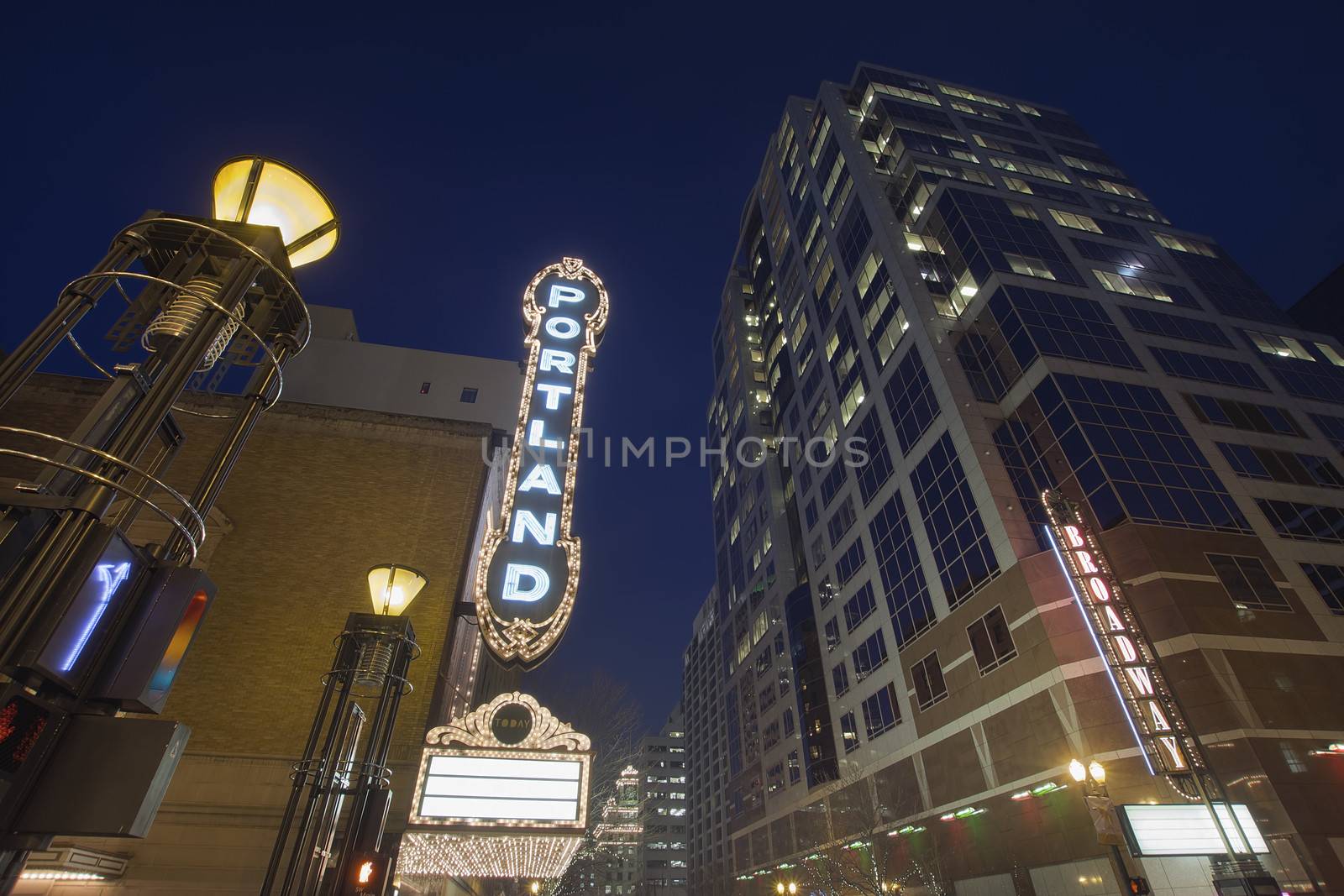 Broadway Portland Oregon Downtown Entertainment District at Evening Blue Hour with Blank Marquee Sign