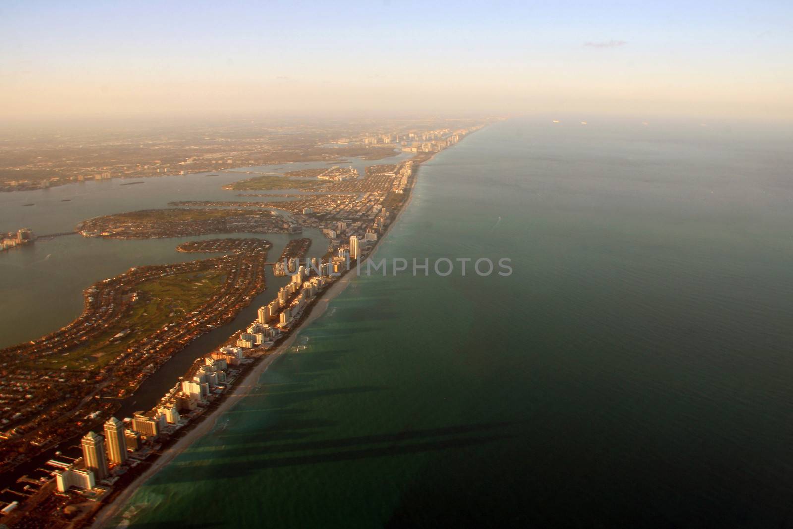 Aerial sunset coastal view of South Miami Beach in Florida, USA.