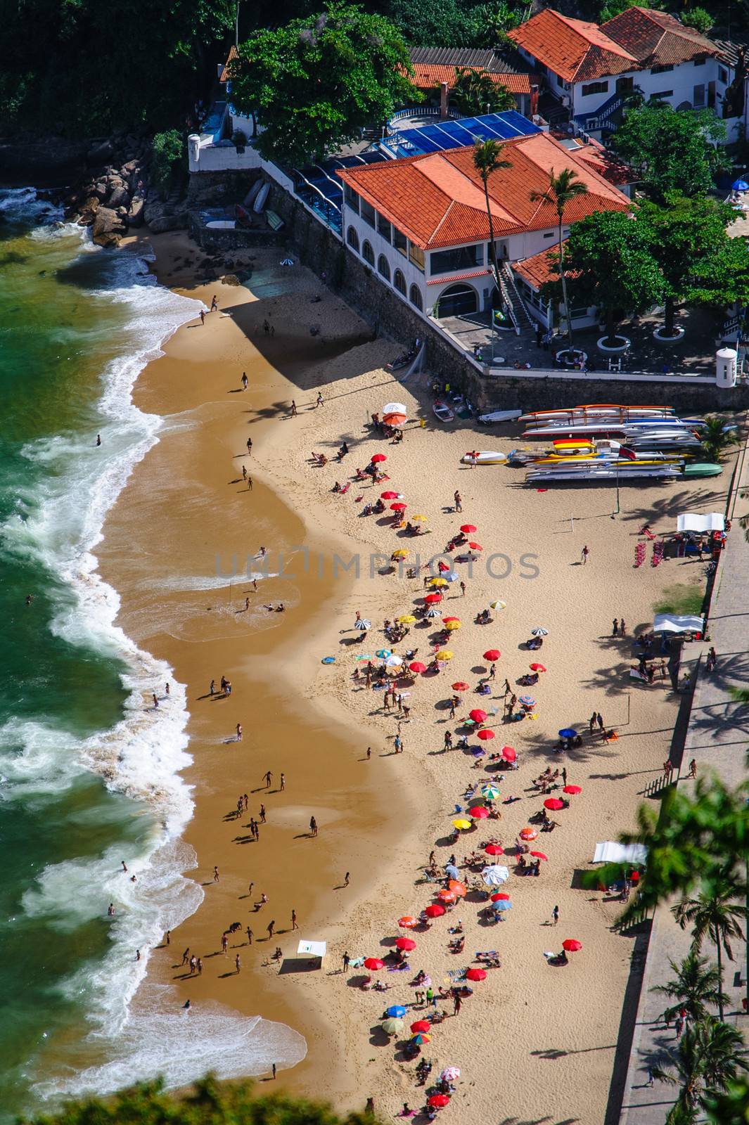Aerial view of Urca beach and neighborhood homes, Rio de Janeiro, Brazil.