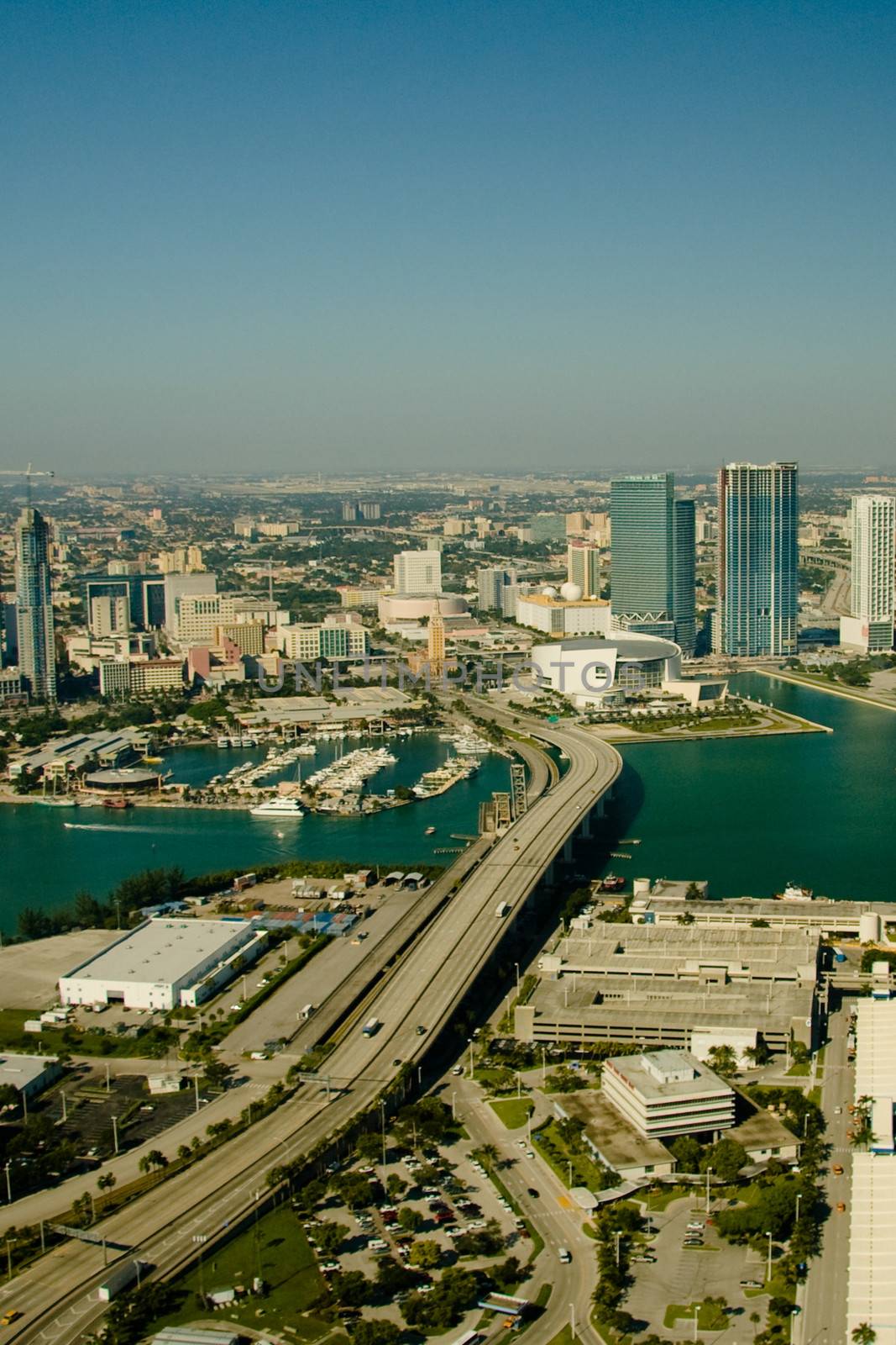 Aerial view of buildings in a city at the waterfront, Port Boulevard, Miami, Miami-Dade County, Florida, USA