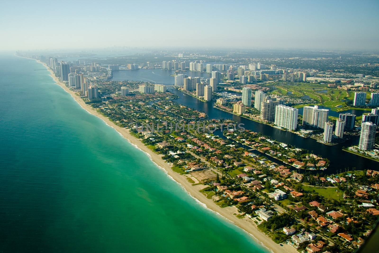 An aerial view of the seashore in Miami.