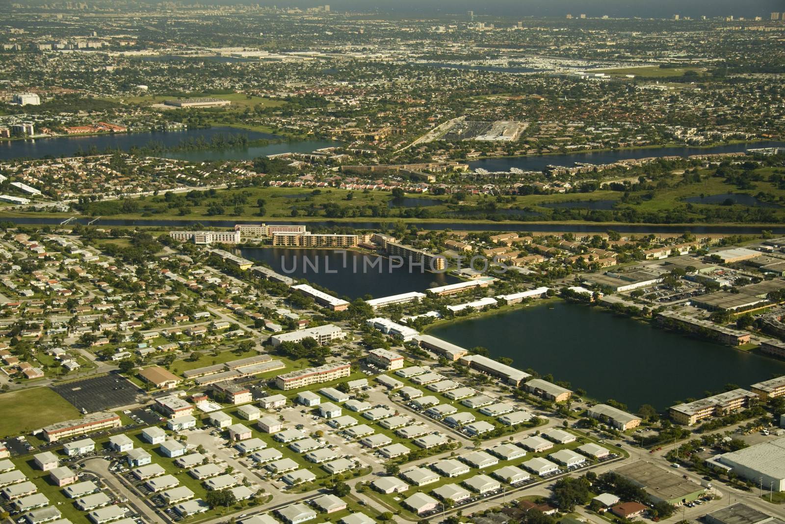 An aerial view of some commercial and industrial areas around the region of Miami.