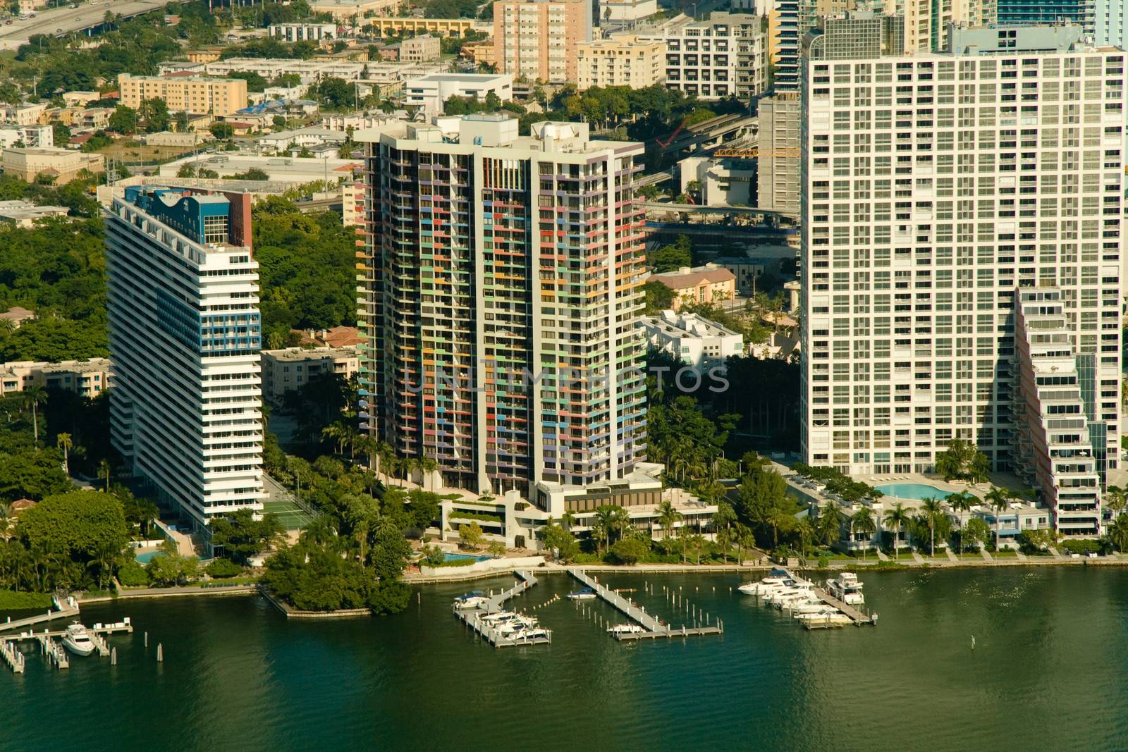 Aerial photography of diverse apartment buildings in the region of Miami, Florida.