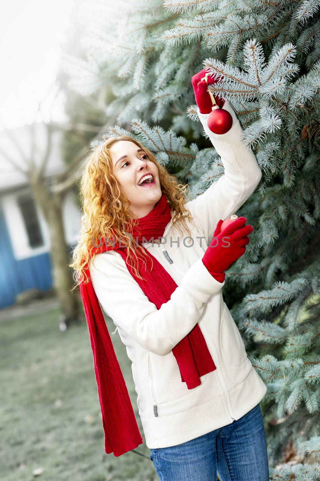 Joyful woman hanging Christmas ornaments on spruce tree outdoors in yard near home