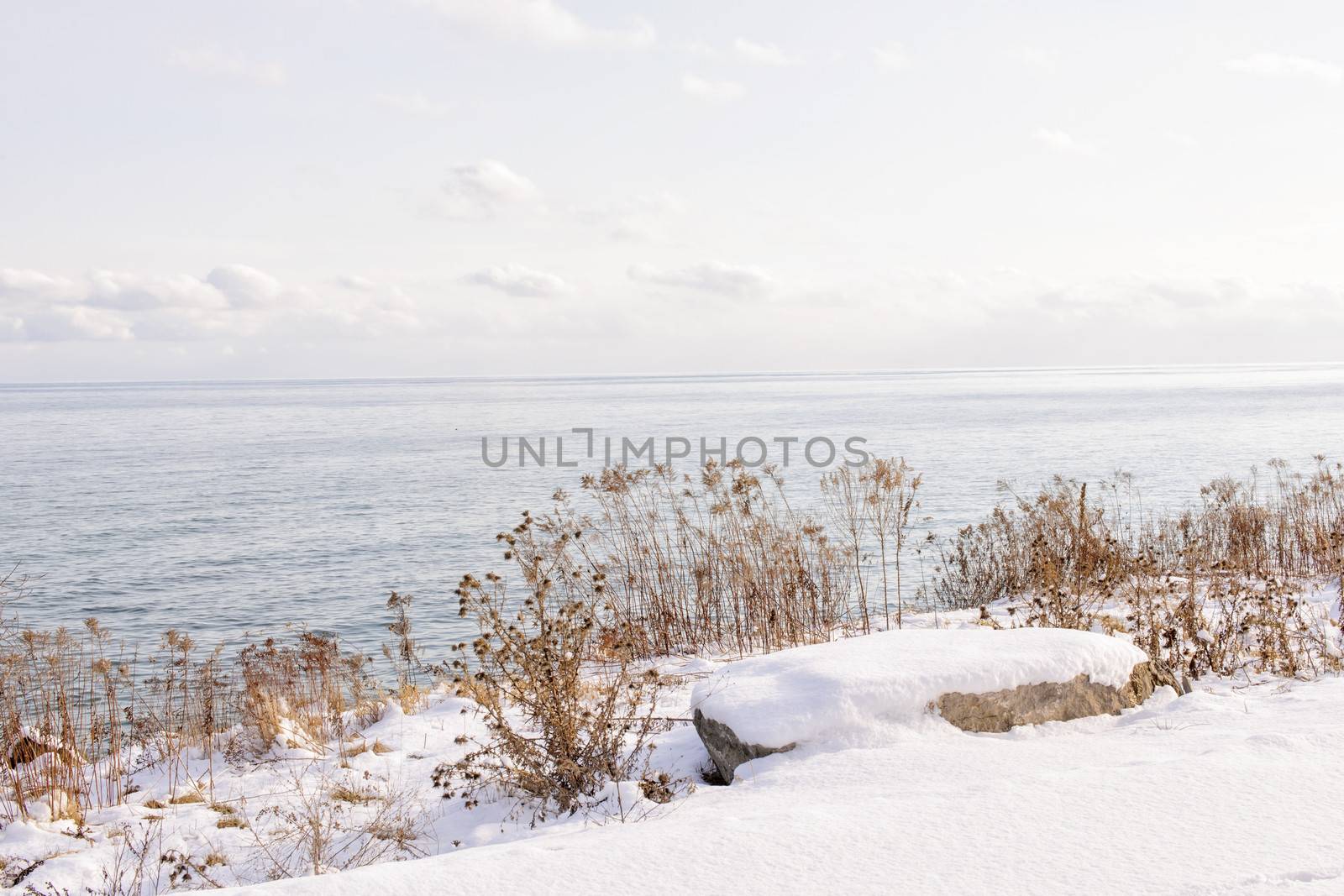 Snowy winter shore of lake Ontario in Sylvan park Toronto