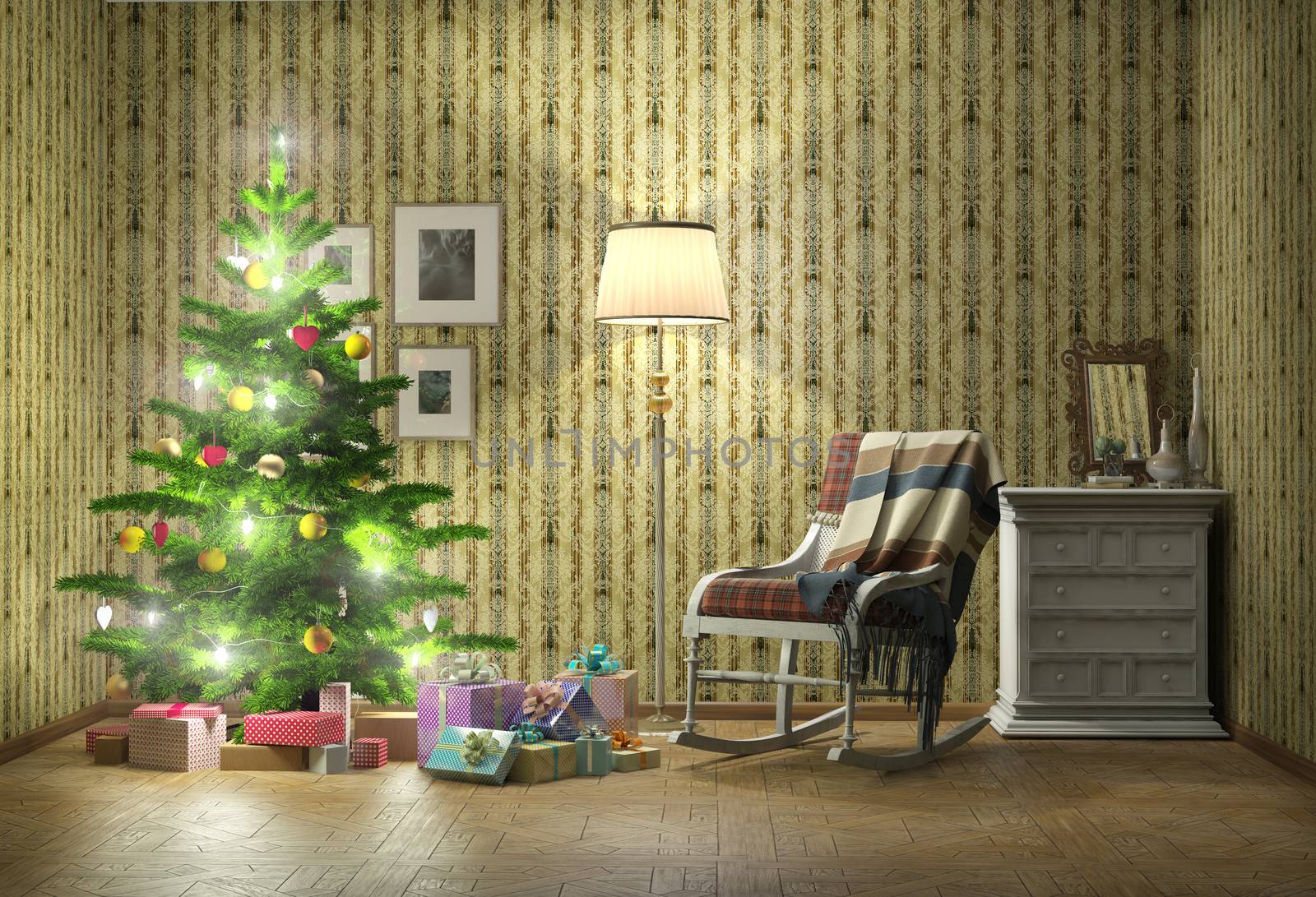 old styled interior with christmas tree and armchair
