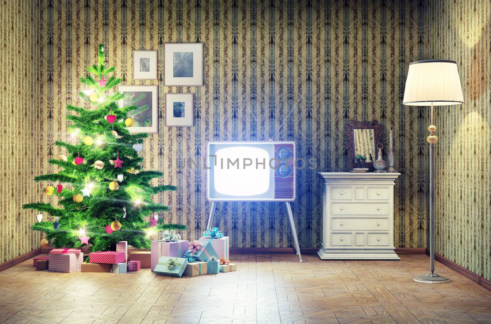 old styled interior with christmas tree and tv