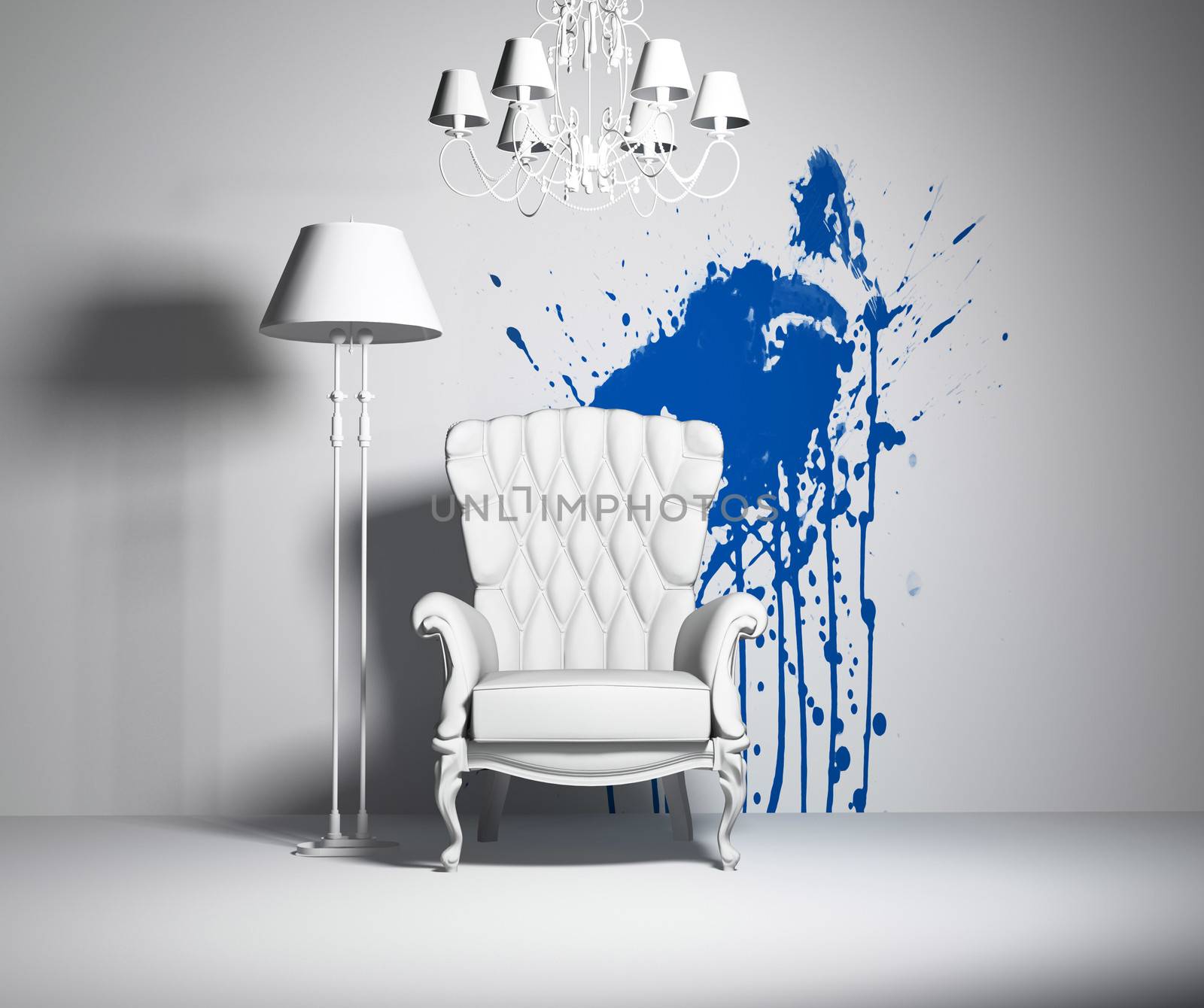 white interior with armchair and blue blot on the wall