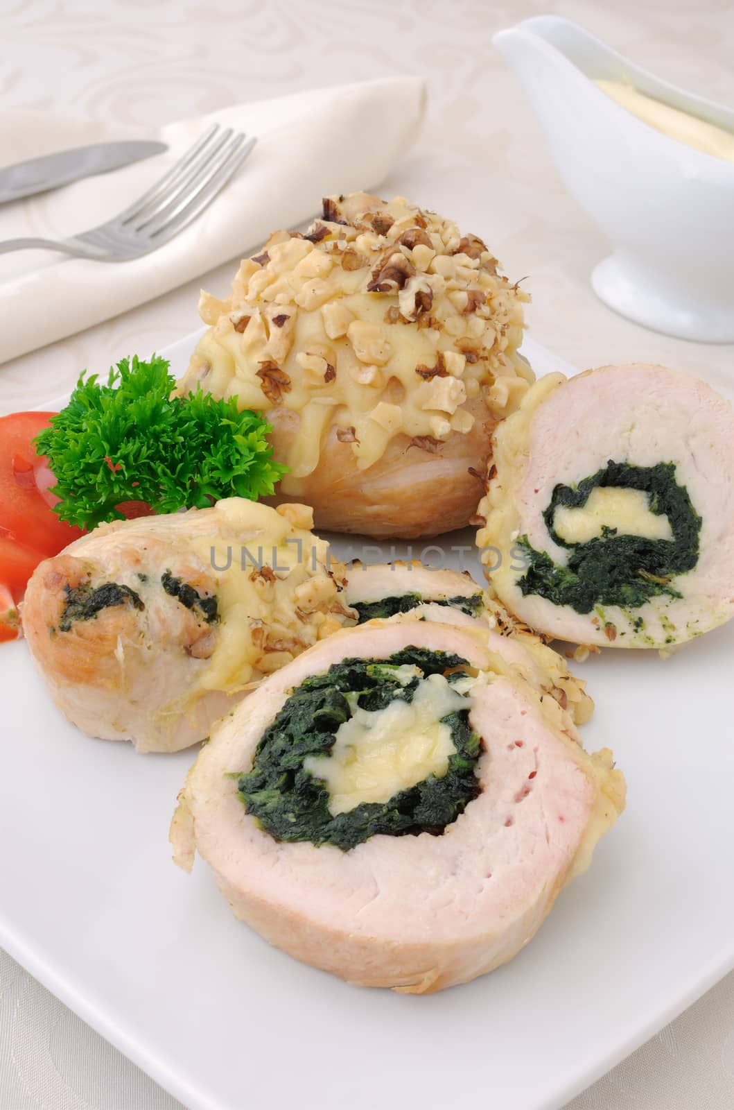 Chicken roulade stuffed with spinach and cheese by Apolonia
