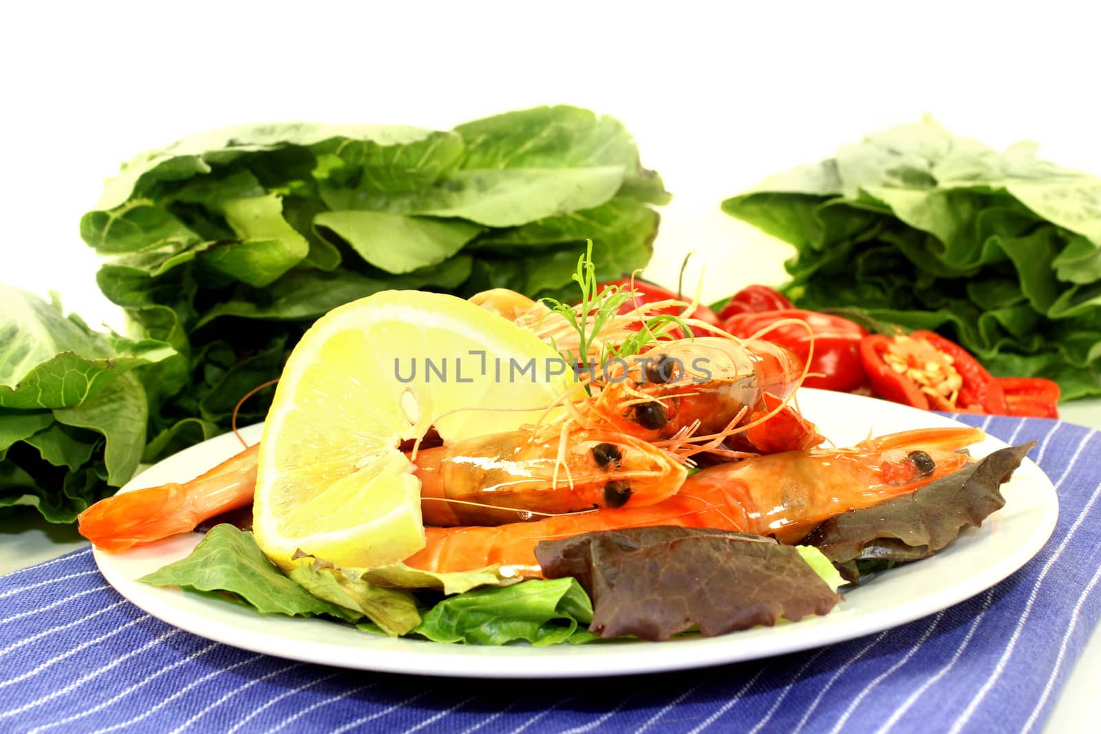 Black Tiger shrimp with lemon on curled lettuce