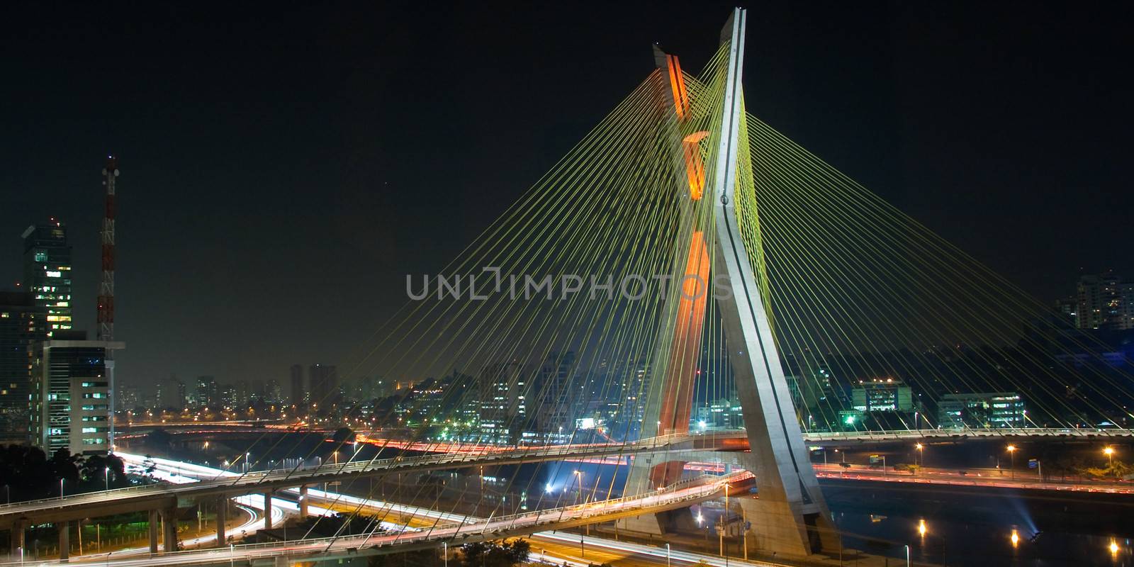Beautiful bridge lit up at night in Sao Paulo, Brazil