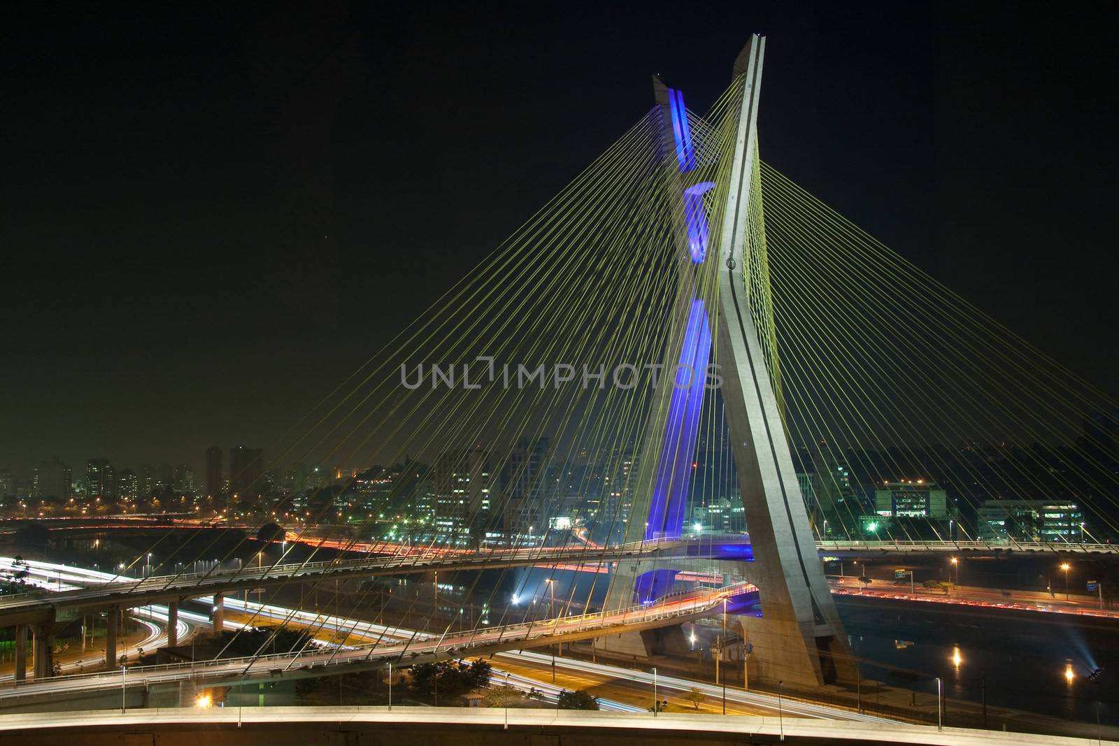 Beautiful bridge lit up at night in Sao Paulo, Brazil