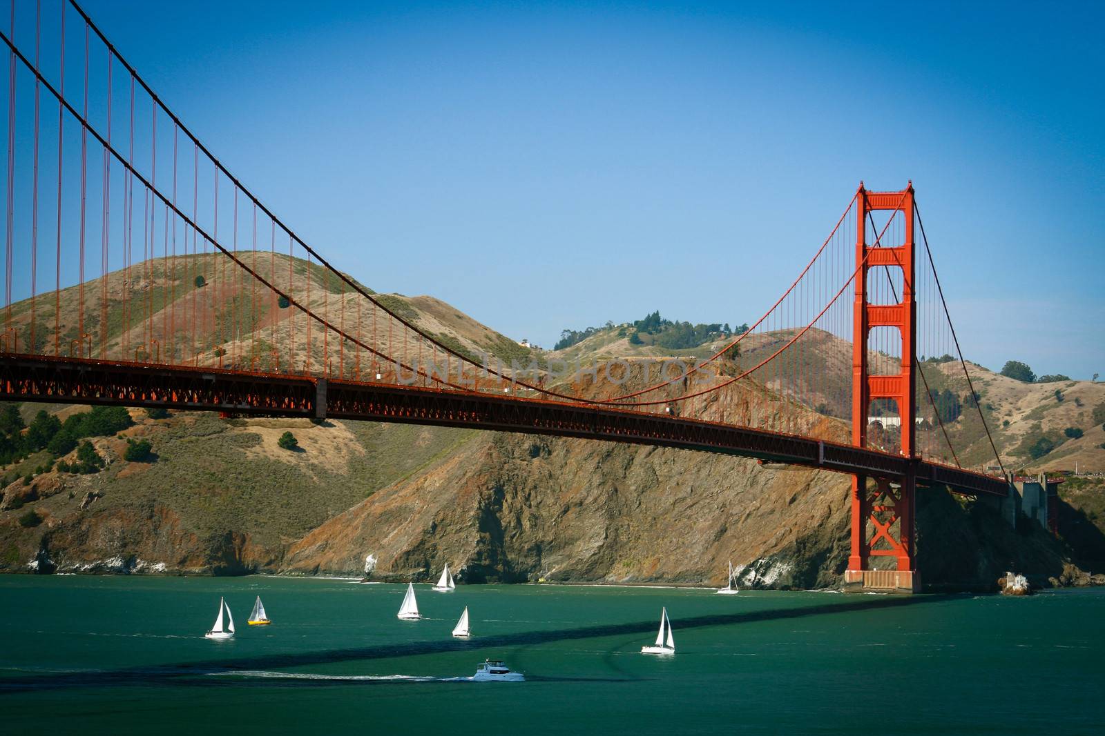 Golden Gate Bridge with mountain range in the background, San Francisco Bay, San Francisco, California, USA