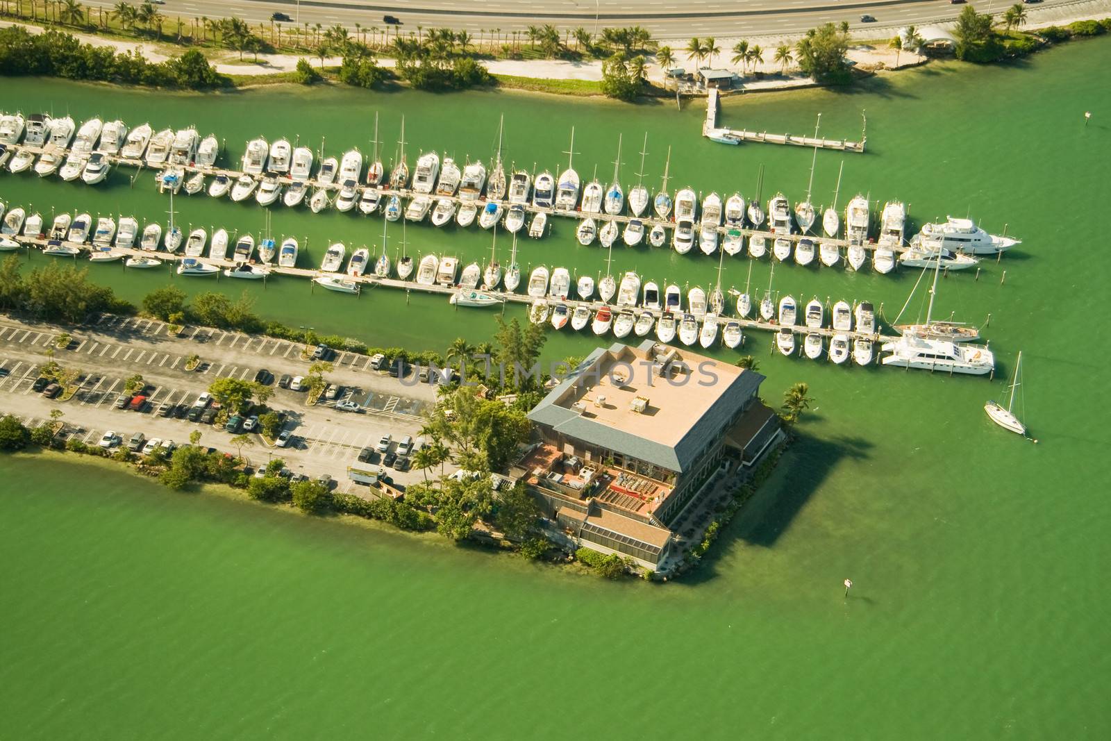 An aerial view of boats in a marina in Miami, Florida.