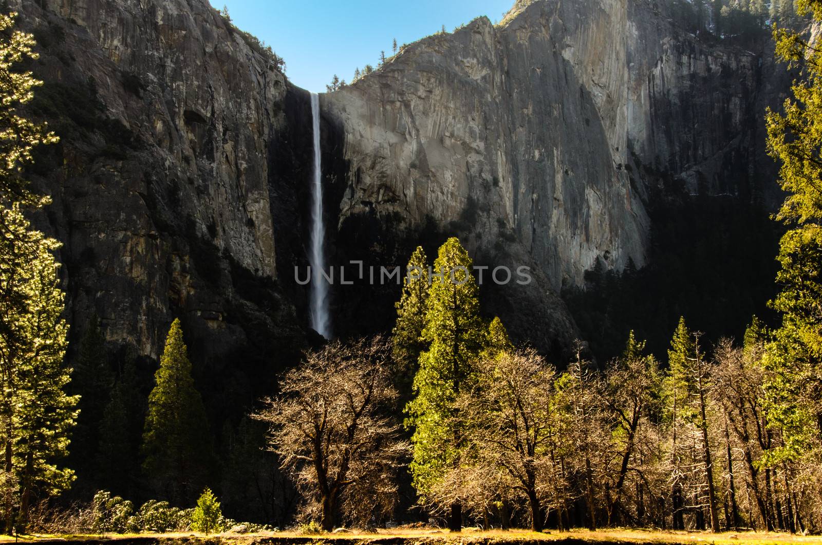 Bridalveil Fall waterfall in the Yosemite Valley.