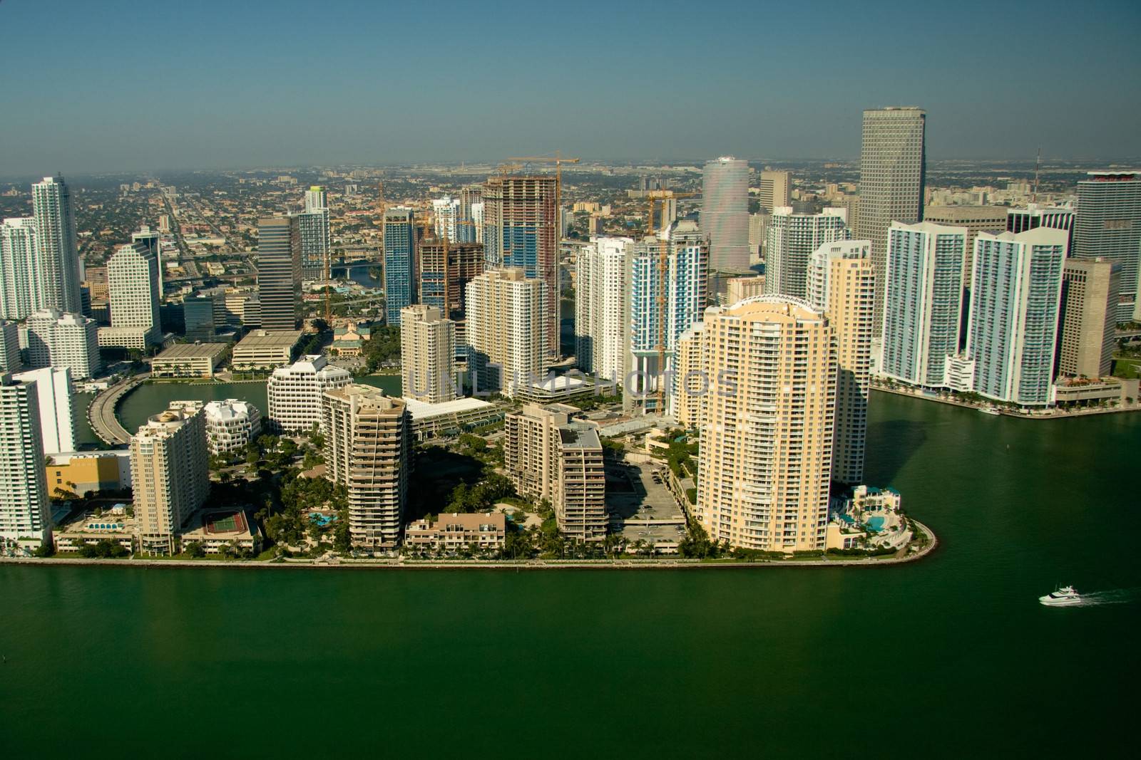 Aerial view of buildings in a city at the waterfront, Miami, Miami-Dade County, Florida, USA