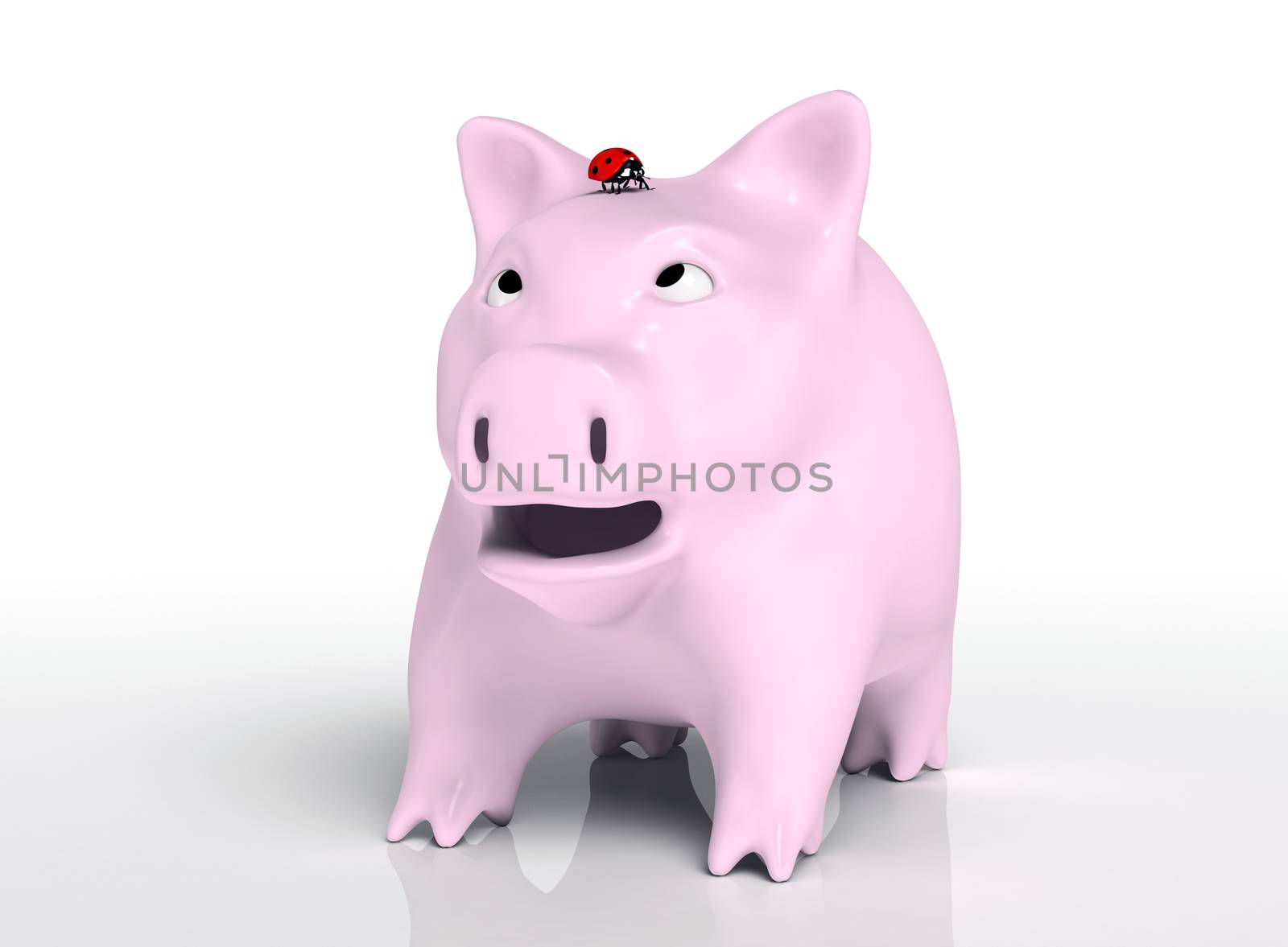 closeup of a surprised piggy bank that watches a red ladybird which stands on top of its head, on a neutral background