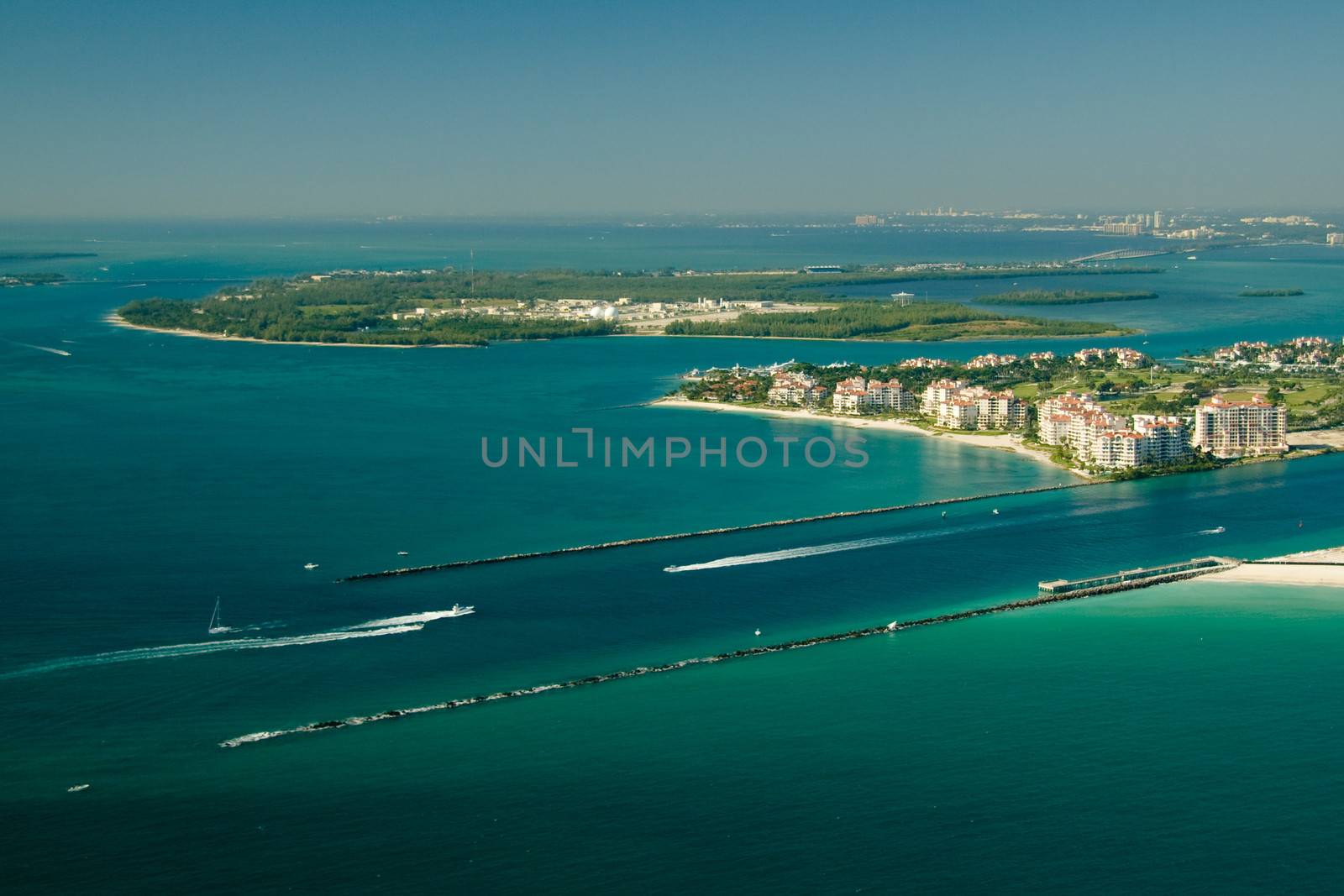 Aerial view of buildings on an island in the Atlantic Ocean, Fisher Island, Miami, Miami-Dade County, Florida, USA