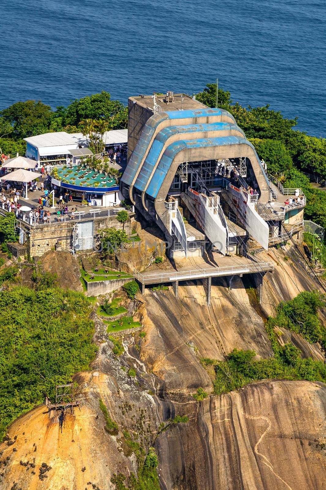 Aerial view of overhead cable car station on a mountain, Sugarloaf Mountain, Guanabara Bay, Rio De Janeiro, Brazil