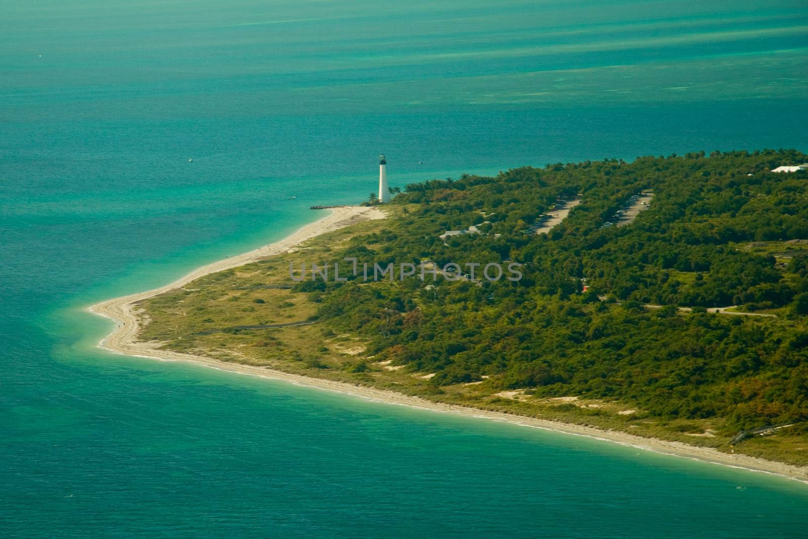 Aerial view of Cape Florida lighthouse in Key Biscayne, Miami, U.S.A.