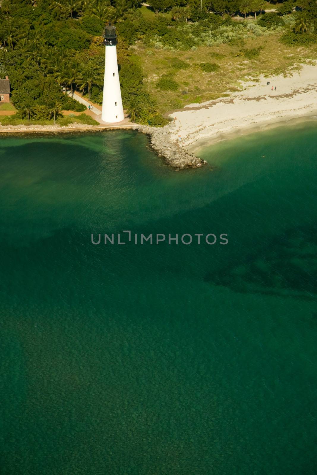 Aerial view of Cape Florida lighthouse, Key Biscayne, Miami, Florida.