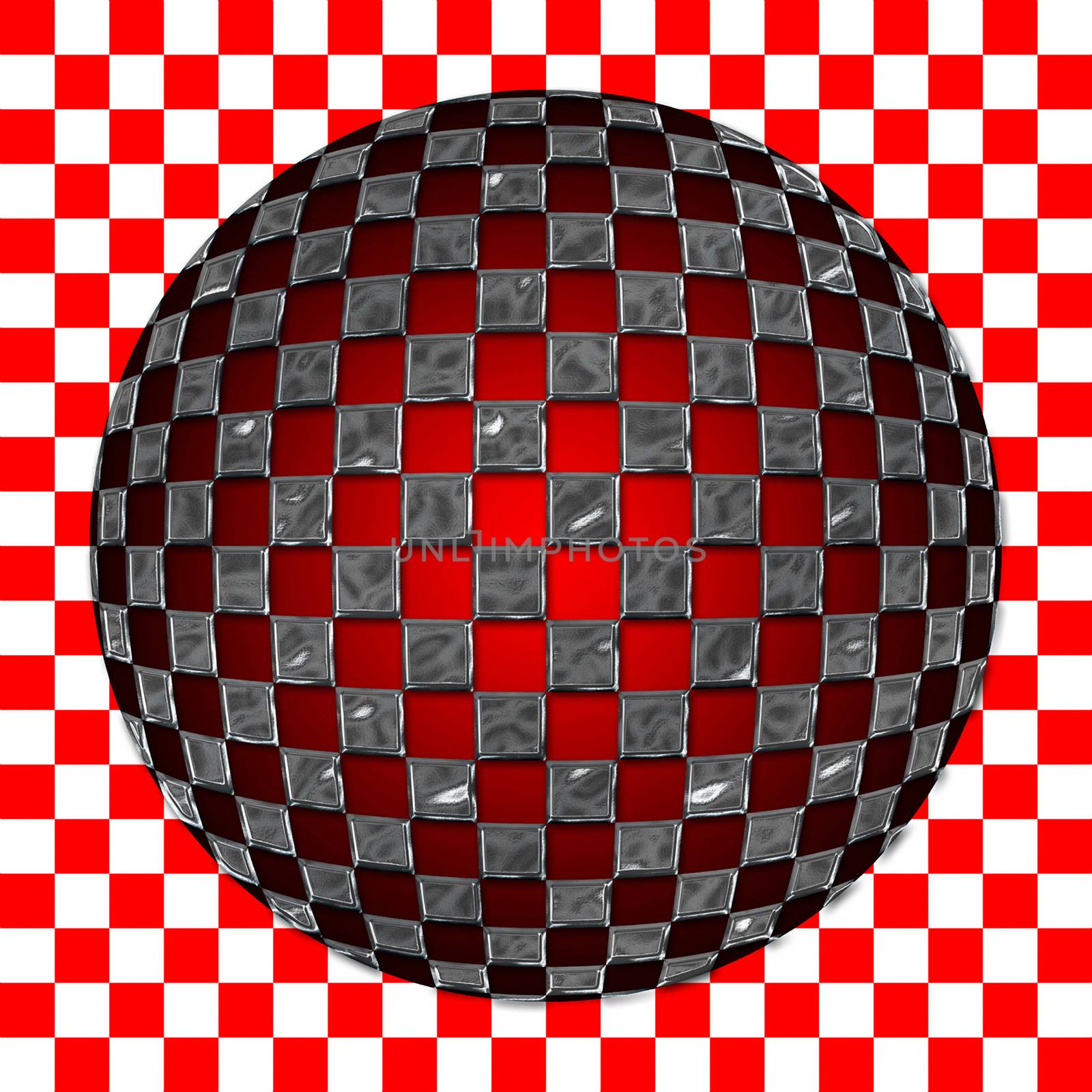 An illustration of a sphere with a checkered texture on a checkered background.