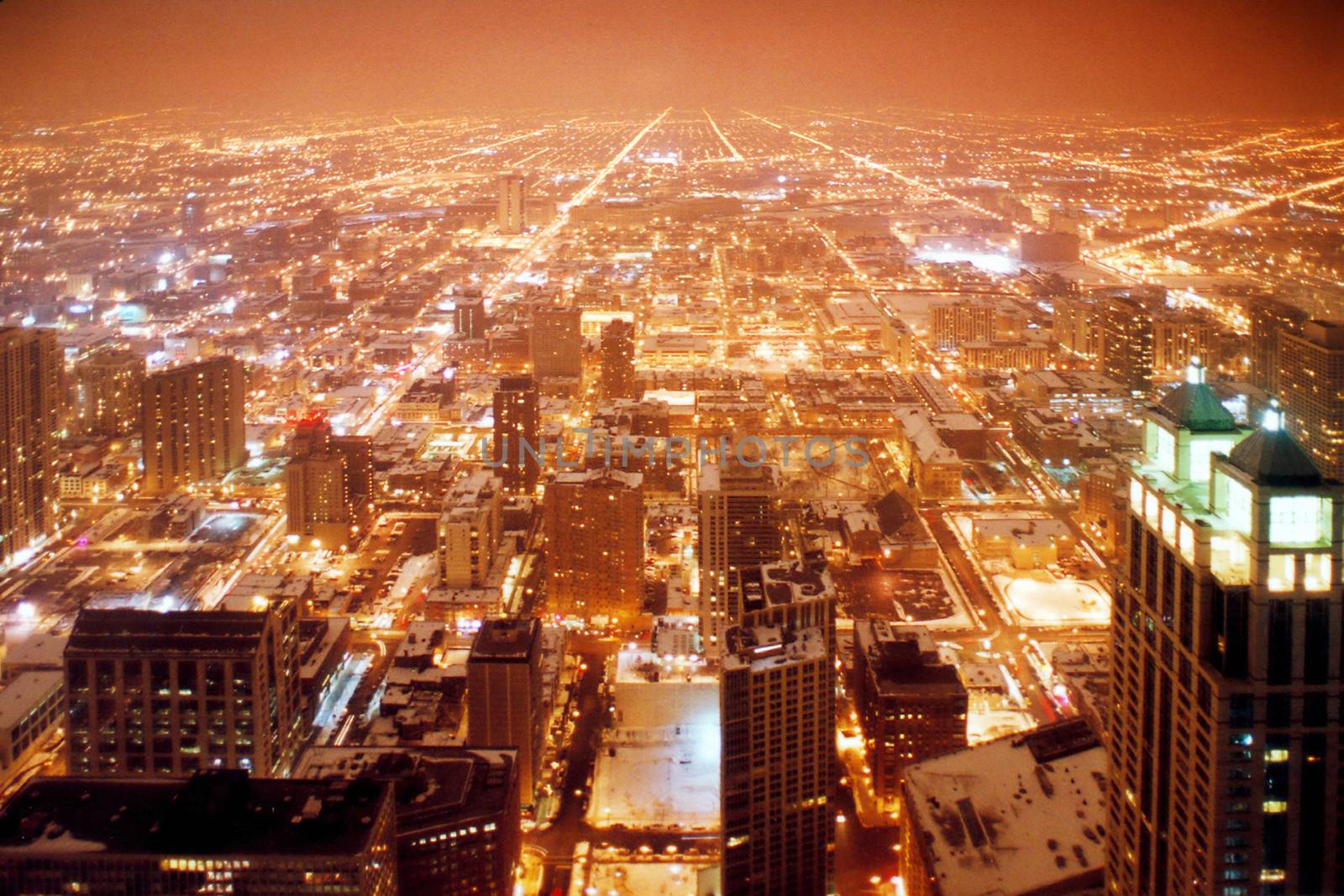 Aerial view of Chicago city illuminated at night viewed from Sears Tower, Illinois, U.S.A.