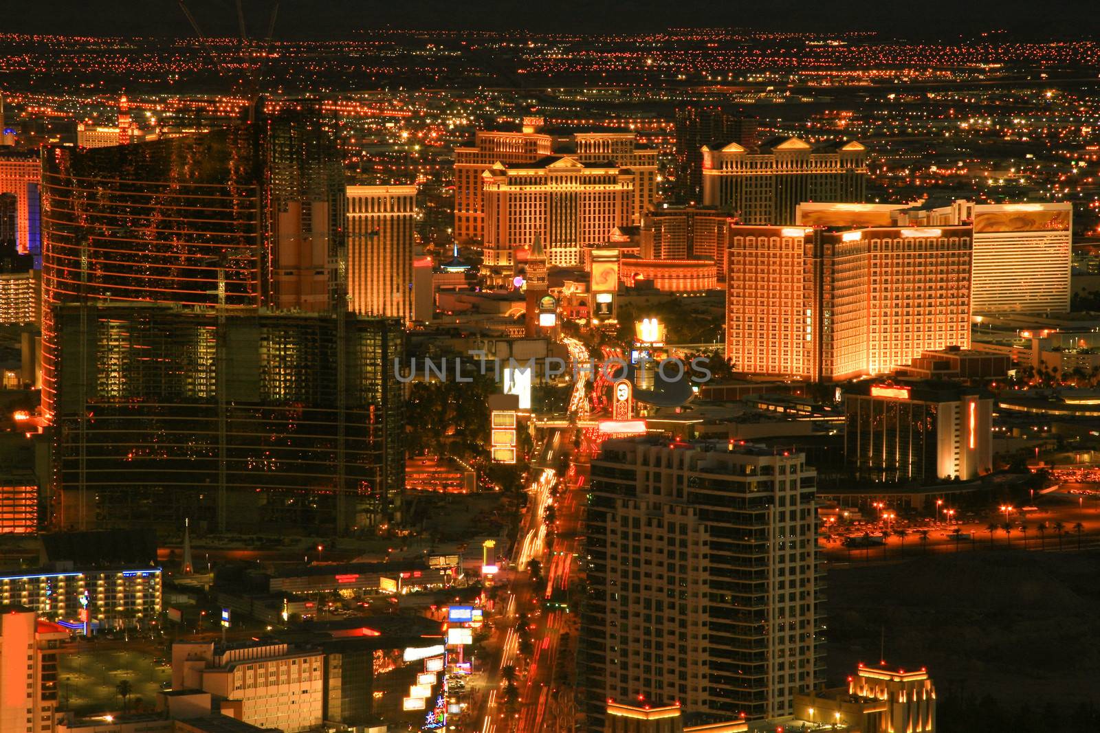 Aerial view of a city lit up at night, The Strip, Las Vegas, Nevada, USA